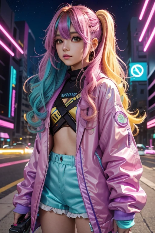 Girl with brown hair with yellow,cyan,purple,pink streaks, sideswept bangs and long wavy, curly hair, cyberpunk outfit with cyan,purple,pink colors, brown eyes, shooting star symbol hairpin, shooting star aesthetic, starcore