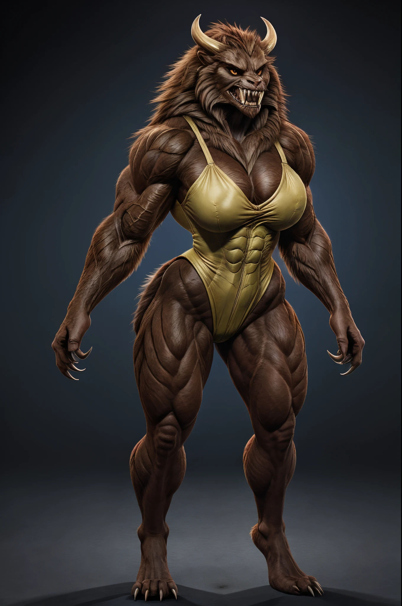 "Create an ultra-high-quality, photorealistic artwork in 8K resolution that depicts a Sasquatch Woman Hybrid in all her glory. The focus should be on capturing the intricate details of her features to create a realistic and immersive experience.
The woman should have long hair that flows beautifully, adding to her allure. Her entire body should be covered in brown fur, giving her a wild and primal appearance. She should be portrayed wearing a tight, high-leg leotard in black that accentuates her muscular and toned physique. Her broad hips and hourglass body shape should emphasize her voluptuousness and thicc figure.
Her muscular build should be evident, with well-defined abs and thick thighs showcasing her strength. She should possess long arms with sharp claws, further enhancing her menacing presence. Her teeth should be sharp and fang-like, and she should also have horns, adding to her monstrous yet beautiful aesthetic.
Through this artwork, capture the fierce and sexy nature of this hybrid creature. The level of detail and realism should be top-notch, allowing viewers to fully appreciate the intricate features and character of this unique Sasquatch Woman Hybrid."
monster, (fur:1.9), (highleg leotard:1.5), (Muscular:1.6), (Large Breast:1.2), (claws:1.3), (sharp teeth:1.2), (hair:1.4), (long arms:1.3),