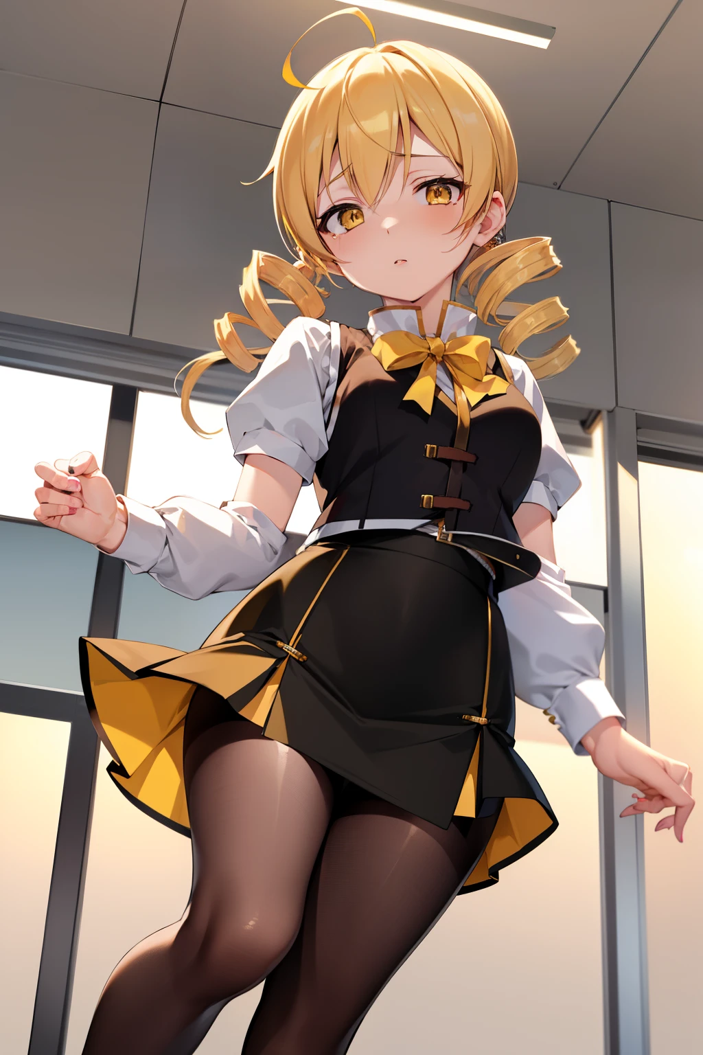 masutepiece, Best Quality, 1girl in, (Mami Tomoe), Blonde hair, Drill Hair, twin drills, (Yellow eyes:1.2), evening, Sunset,、((Photo from directly below))、((pencil skirts))、((Office Suits))、((Blouse))、((Black miniskirt))、((pantyhose))、((high-heels))、((vests))