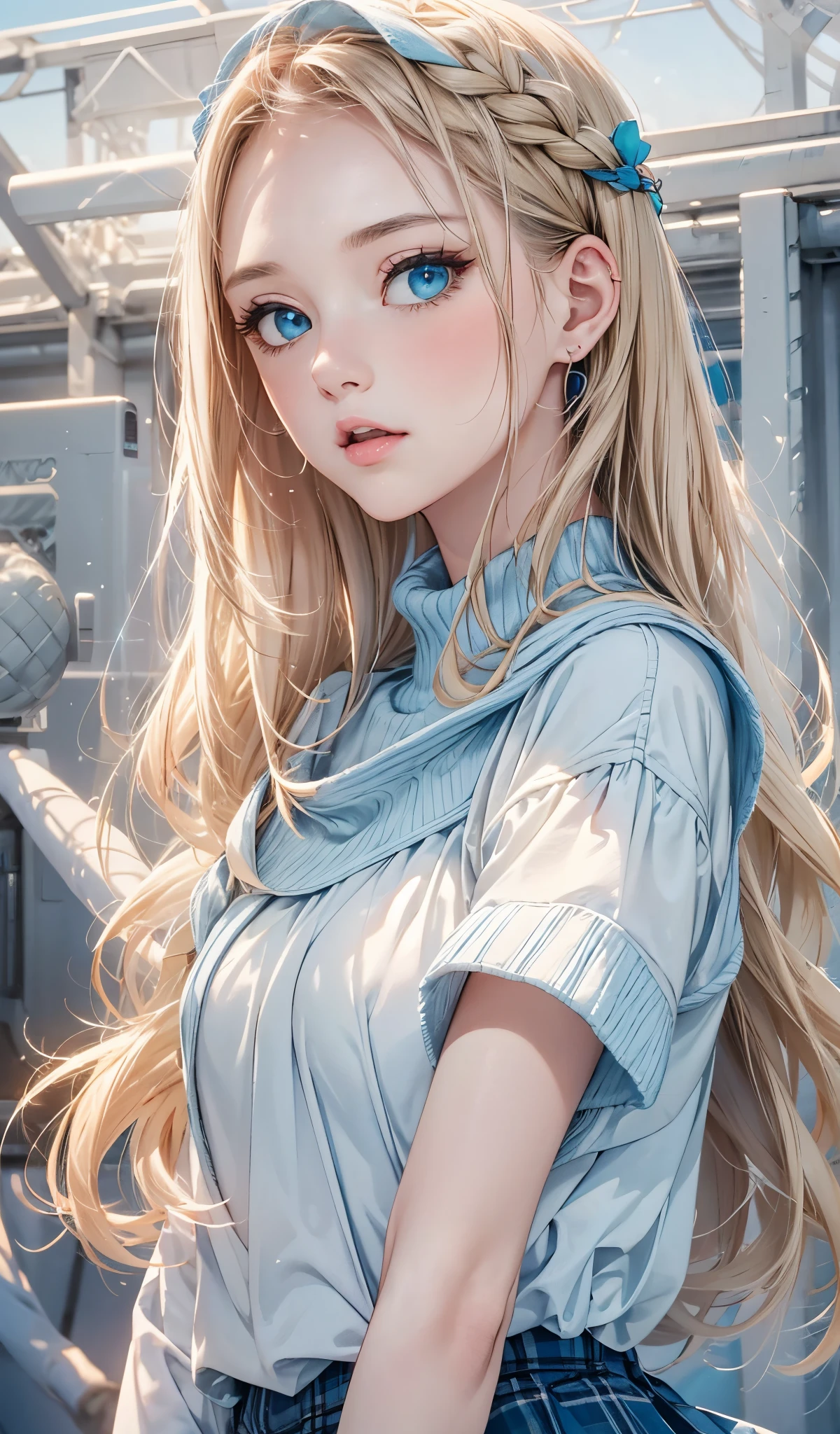 (masterpiece),(top-quality:1.2),1girl in,(masuter piece:1.3),exquisitedetails, Highest quality 8K resolution,(Smooth straight blonde hair:1.2),(Hair parted in the middle:1.3),(Glowing hair),(Dark blue eyes:1.3),White skin, hair clips,Woman wearing a blue sweater and pleated skirt,Long skirt, beautiful image,Sleek appearance,advertisement picture, Sky Blue,Vivid, pale-blue, eeri,Turquoise Blue