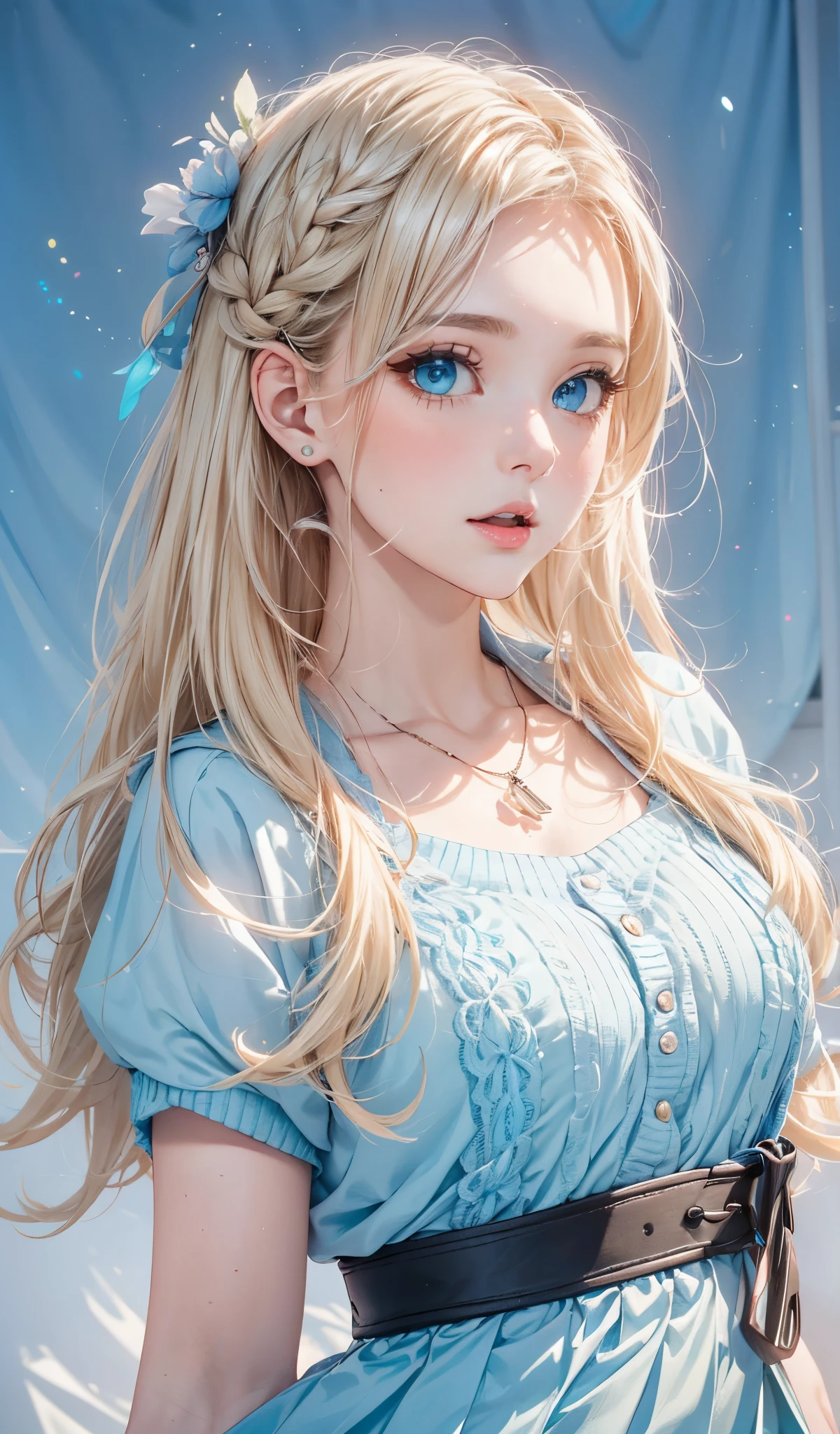 (masterpiece),(top-quality:1.2),1girl in,(masuter piece:1.3),exquisitedetails, Highest quality 8K resolution,(Smooth straight blonde hair:1.2),(Hair parted in the middle:1.3),(Glowing hair),(Dark blue eyes:1.3),White skin, hair clips,Woman wearing a blue sweater and pleated skirt,Long skirt, beautiful image,Sleek appearance,advertisement picture, Sky Blue,Vivid, pale-blue, eeri,Turquoise Blue