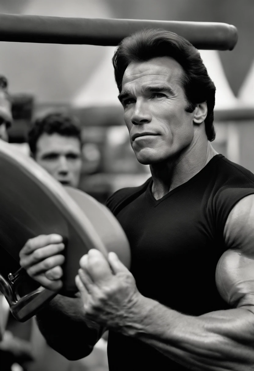 A photo of Arnold Schwarzenegger engaging in a psychological mind game with a fellow bodybuilder,original,In the documentary “Pumping Iron,” Arnold Schwarzenegger exudes a towering and muscular physique, his body a sculpted testament to his dedication to bodybuilding. His appearance is marked by his signature confident swagger, a charming smile, and an almost palpable aura of self-assuredness., male