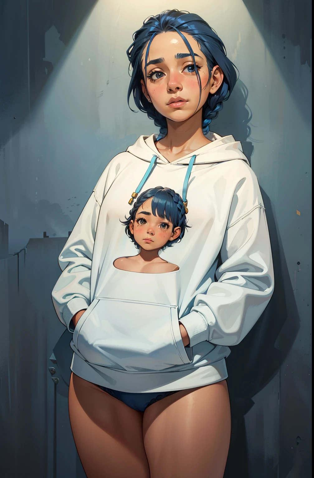 uma , latina face, short blue hair, braids, Stand up, maquiagem, Lips are soft or colored, fundo simples, provocador, surprised facial expression, bashful, simple lighting and texture, fundo branco, large clothes, hoodie, pantie
