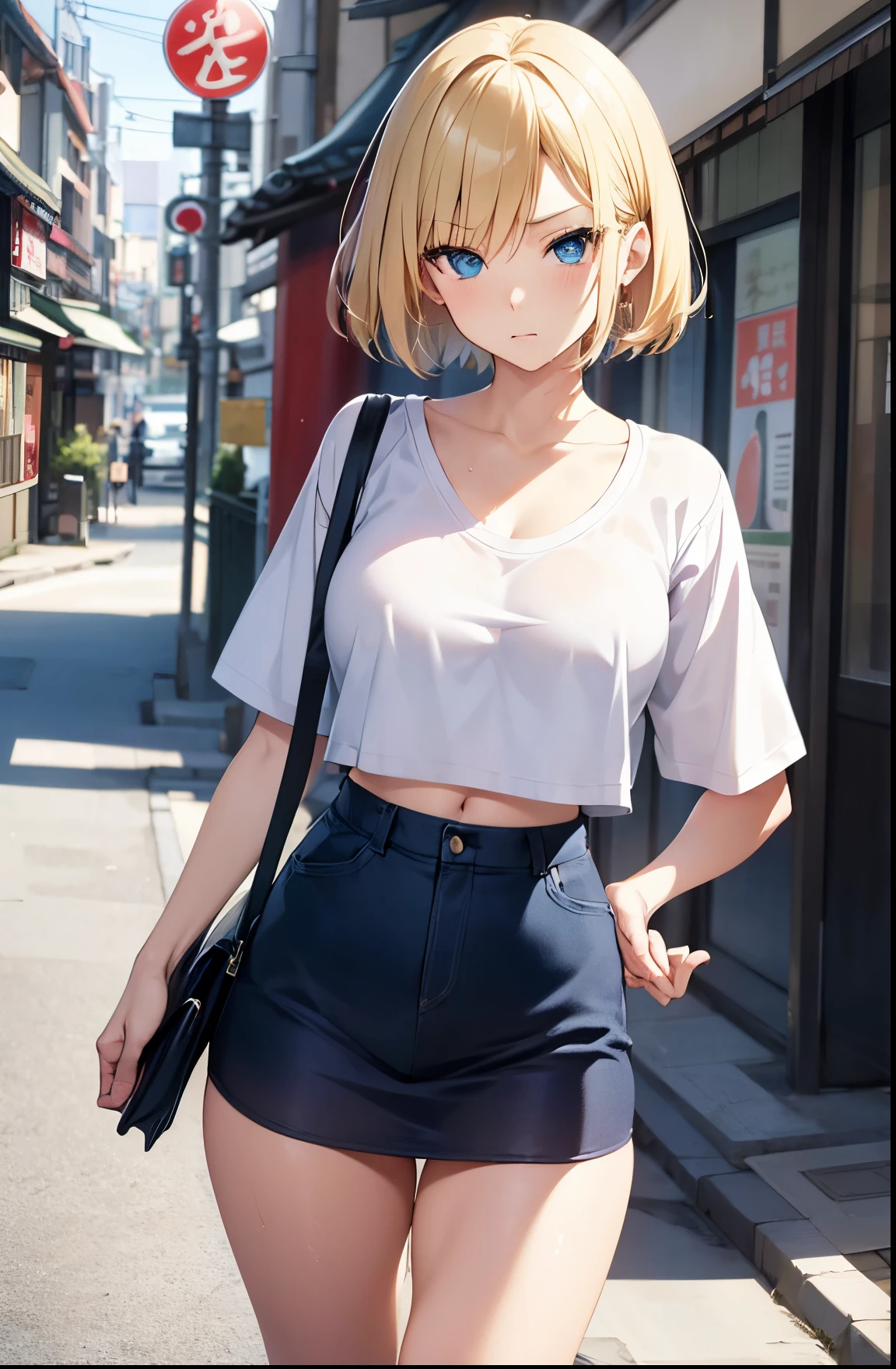 2D Anime Style、Blue eyes、Beautiful shining eyes,  (Talented lo-fi:1.3),breasts are slightly larger、A cool adult woman with short blonde hair and a serious expression....、Fashion that shows off your stomach, walking through the streets of japan,