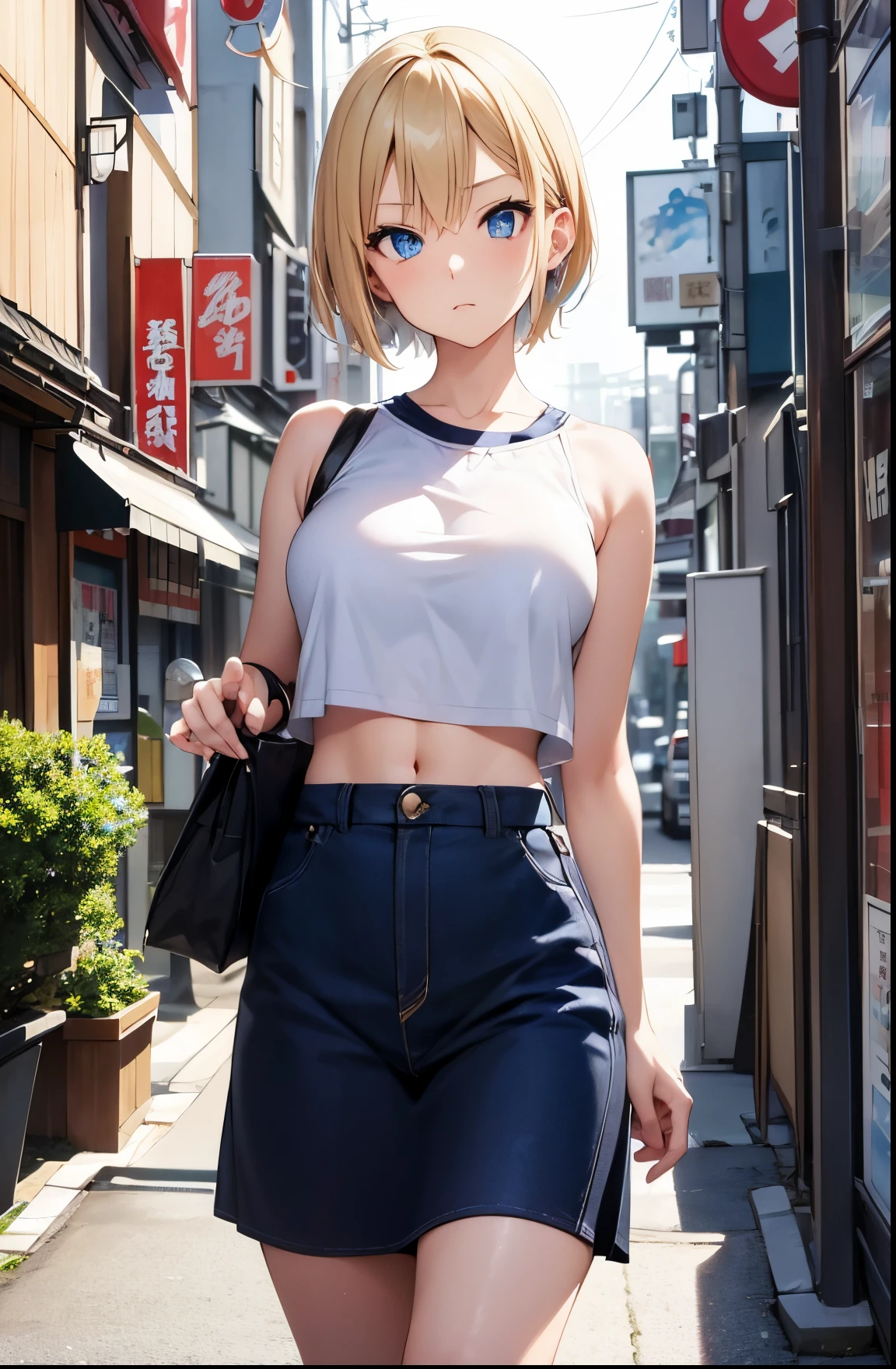 2D Anime Style、Blue eyes、Beautiful shining eyes, (Talented lo-fi:1.3),breasts are slightly larger、A cool adult woman with short blonde hair and a serious expression....、Fashion that shows off your stomach, walking through the streets of japan,