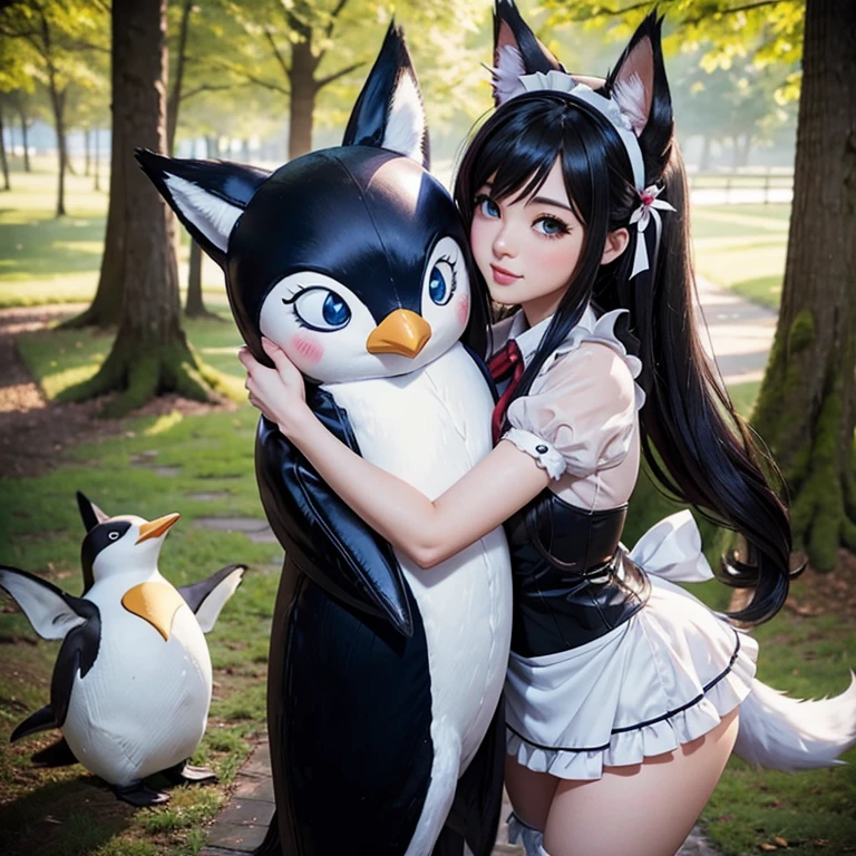 Ahri hugs a stuffed penguin ,LoL, League of legends character Adult woman, , maid hat, maid apron, Fox tails, Fox ears, Pale skin tone, Clivage, alluring look, blushing, somewhere in nature, outside