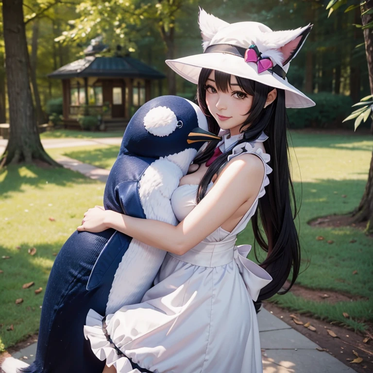 Ahri hugs a stuffed penguin ,LoL, League of legends character Adult woman, , maid hat, maid apron, Fox tails, Fox ears, Pale skin tone, Clivage, alluring look, blushing, somewhere in nature, outside