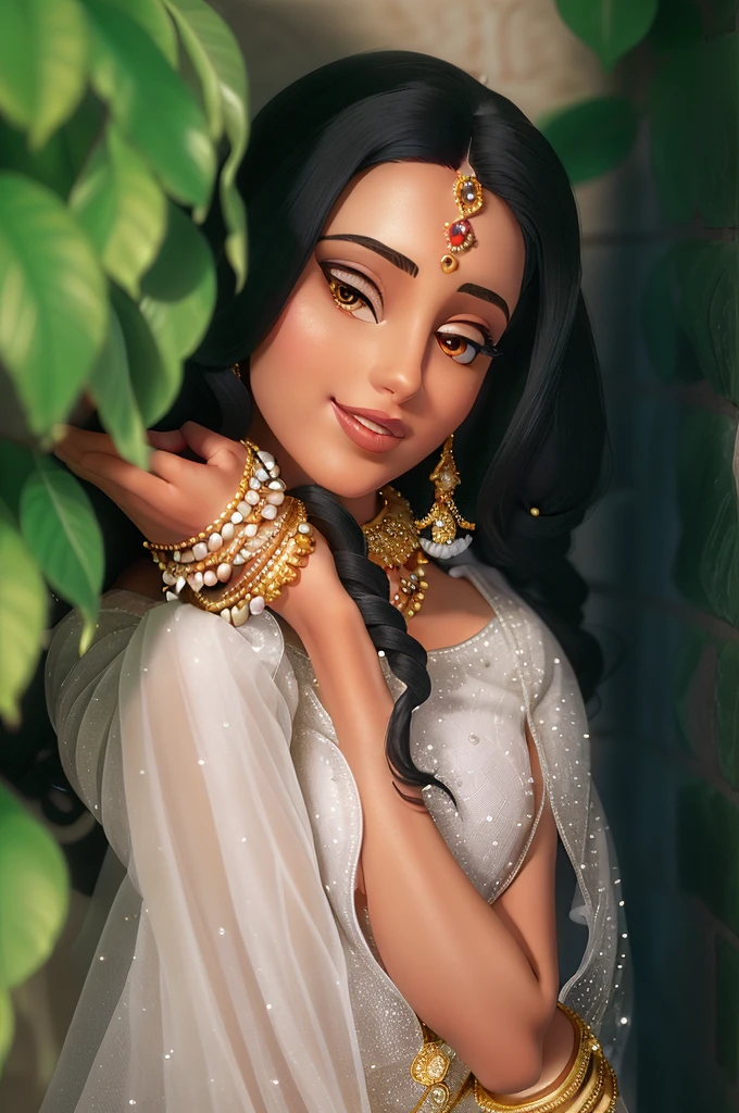araffe woman in a white sari and jewelry leaning against a wall, photo of a hand jewellery model, veils and jewels, mid shot portrait, posing elegantly over the camera, covered in jewels, stunning elegant pose, beautifully lit, detailed portrait shot, photo shoot, high res, glamorous pose, traditional beauty, edited in photoshop, ☁🌪🌙👩🏾