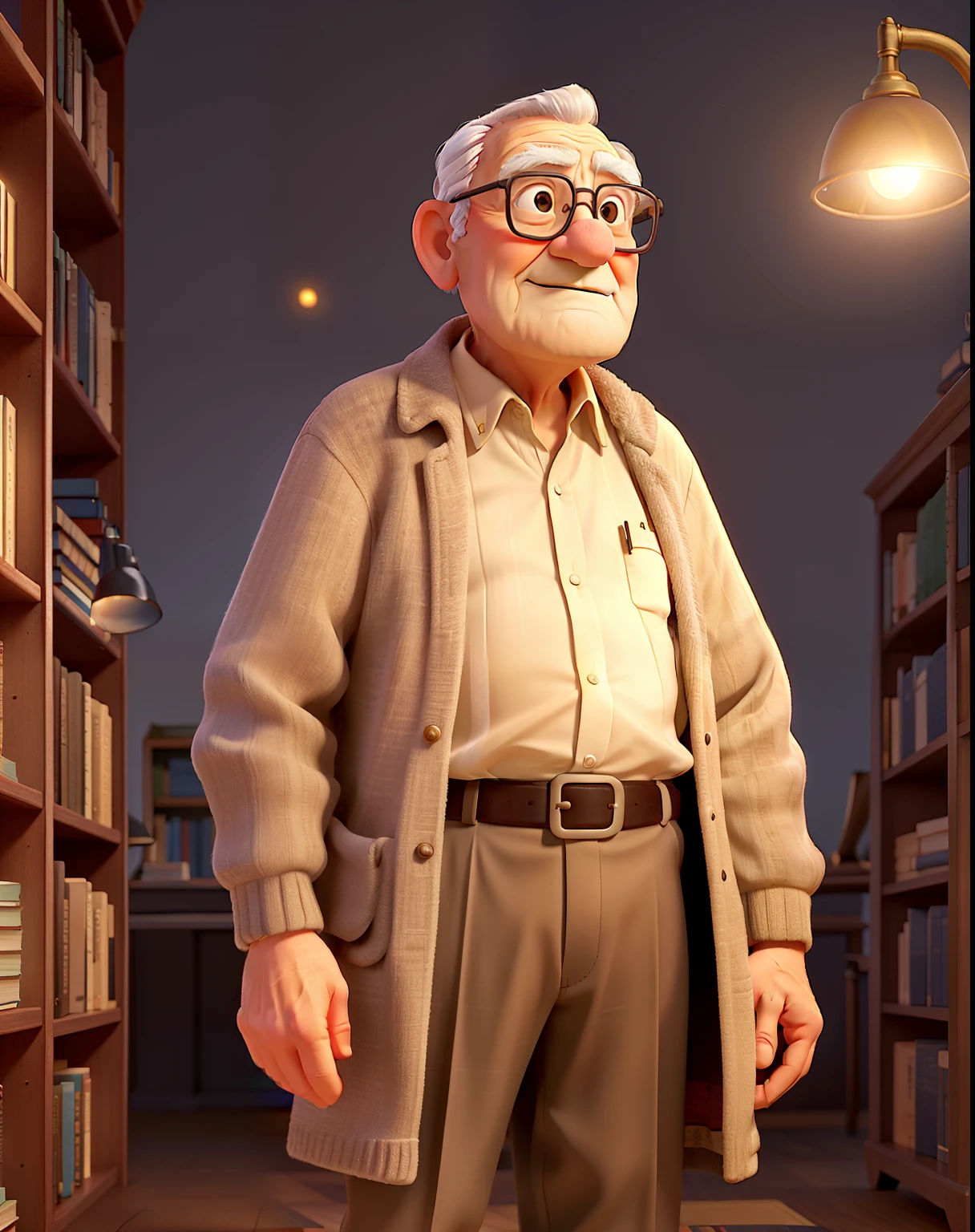 A wise old man standing in front, illuminated by the light of a lamp, against the backdrop of a library
