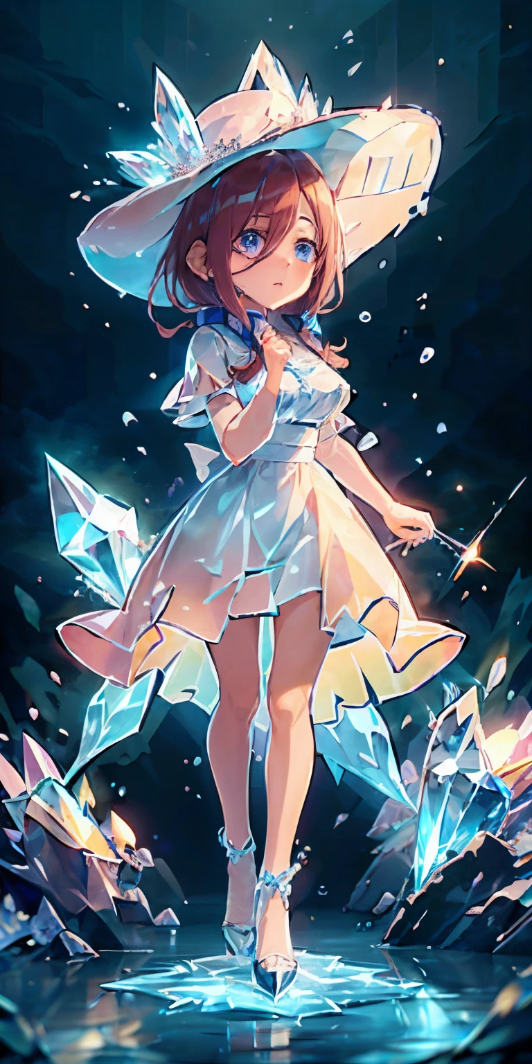 Miku Nakano, shy, blushing, cute, 4k, high quality, highly detailed, miku Nakano, flowing long skirt, white top with volant short sleeves, cute hat, flowers as a hairtie, sandals. Perfect face, highly detailed, perfect anatomy. Crystal, ice crystal aesthetic, frozen, crystal dress, crystal ice glass shoes, ice princess, crystal princess, sparkle, splendid, crystal, evanescent, enchanting, translucent, iridescent, veiling