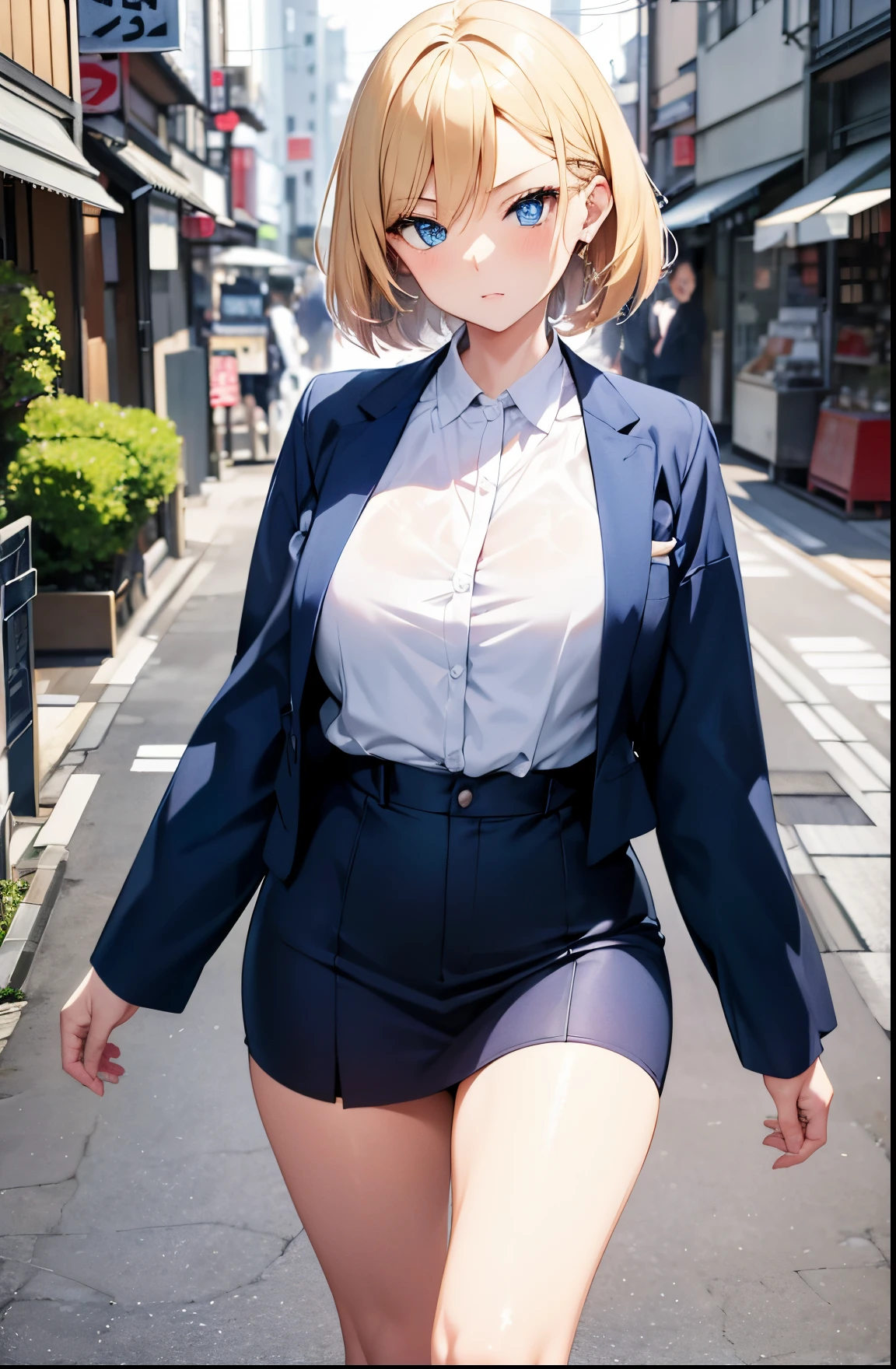 2D Anime Style、Blue eyes、breasts are slightly larger、A cool adult woman with short blonde hair and a serious expression.............、Formal fashion,hold a cigarette in your left hand,Right hand is open,Walking around the city alone,
