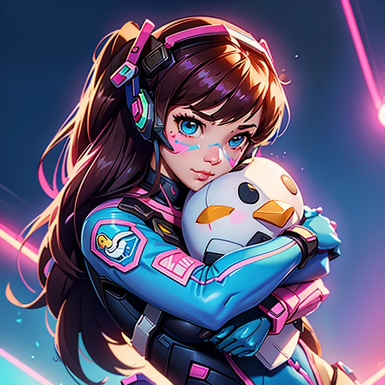 D.va (Overwatch) , Adult woman, Overwatch Character , hugging a stuffed penguin, blue bodysuit, pilot suit, MEKA Pattern, Pink Facial marks (D.va overwatch) , somewhere in nature, outside