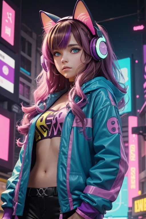 Girl with brown hair with yellow,cyan,purple,pink streaks, sideswept bangs and very long wavy, curly hair, cyberpunk outfit with cyan,purple,pink colors, brown angry eyes, neon purple,yellow cat ear headphones