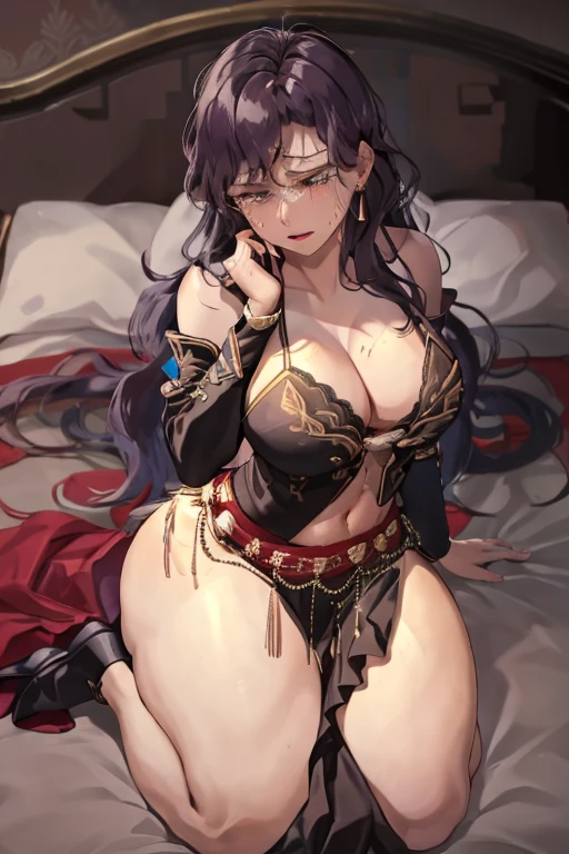 sonia fe, 1girl, solo, long hair, dress, navel, cleavage, bare shoulders, jewelry, earrings, detached sleeves, black dress, makeup, wavy hair, lipstick, side slit, indoors, bed, bedroom, seiza, from above, looking at viewer, ((torn clothes)), ((beaten and injured person)), ((crying)), ((big tits)), ((thick thighs)), ((Defeated)), hands on own lap