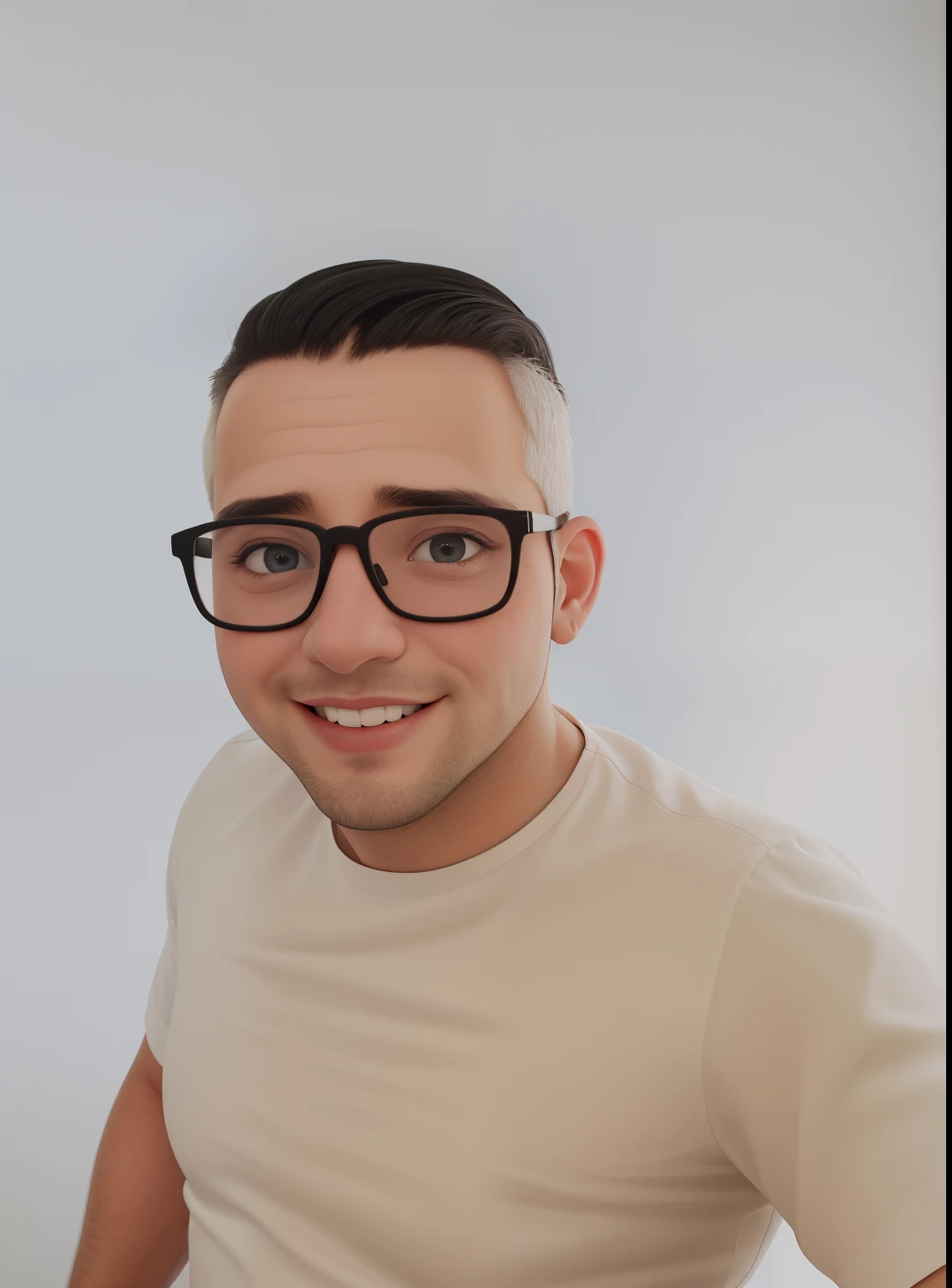 Um homem de 30 anos, com cabelos castanhos curtos,face de diamante, olhar rigoroso, e olhos castanhos, Wearing white white shirt with tie and glasses.