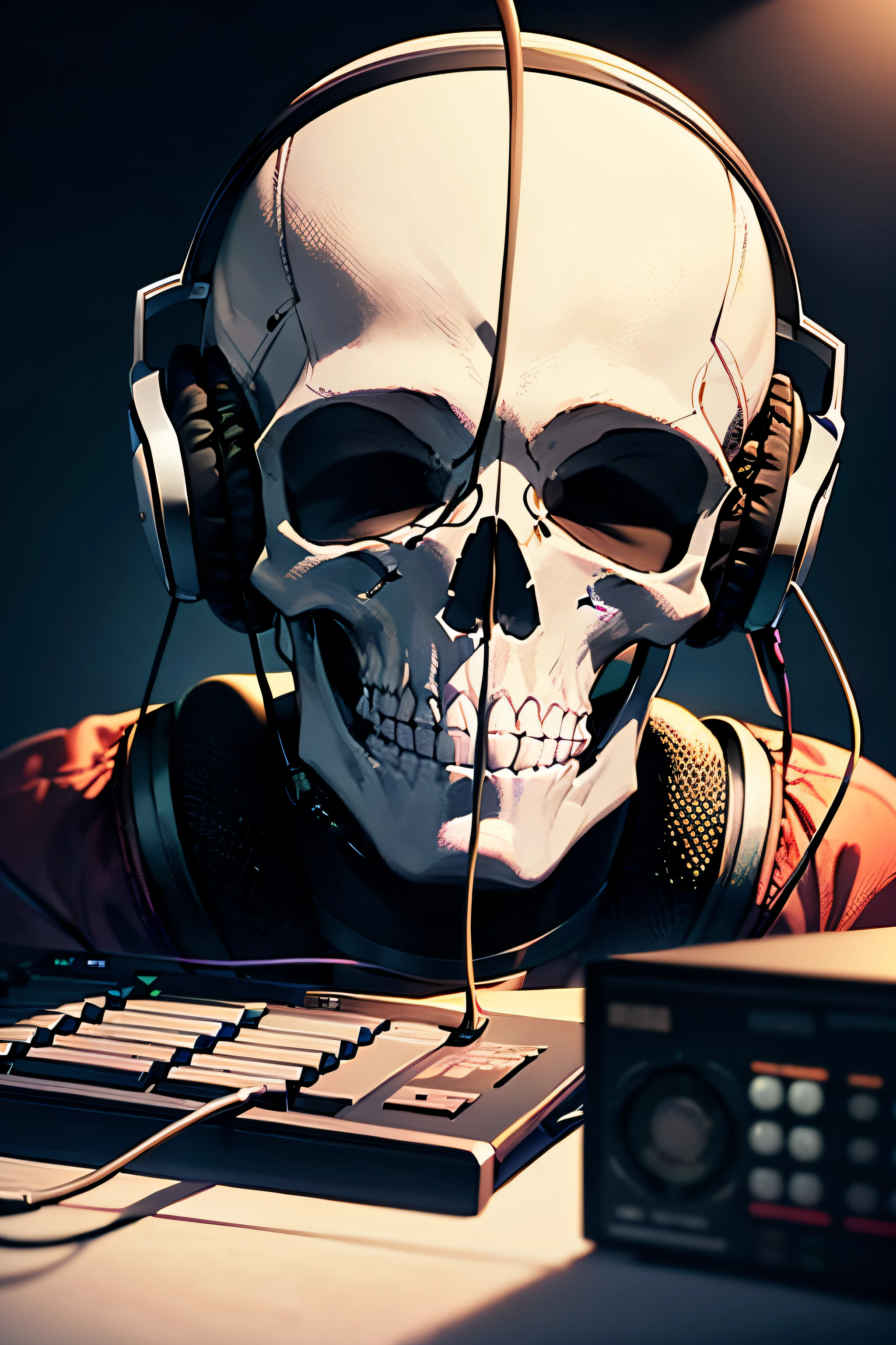 a skull, headphones on head, musicians, detailed skull and headphonesElectronic music producer illustration with just 2 elements: a skull and headphones for professional musicians