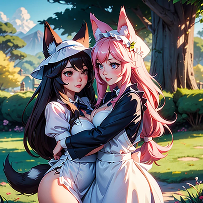 Ahri hugs a stuffed penguin ,LoL, League of legends character Adult woman, , maid hat, maid apron, Fox tails, Fox ears, Pale skin tone, Clivage, alluring look, blushing, somewhere in nature, outside