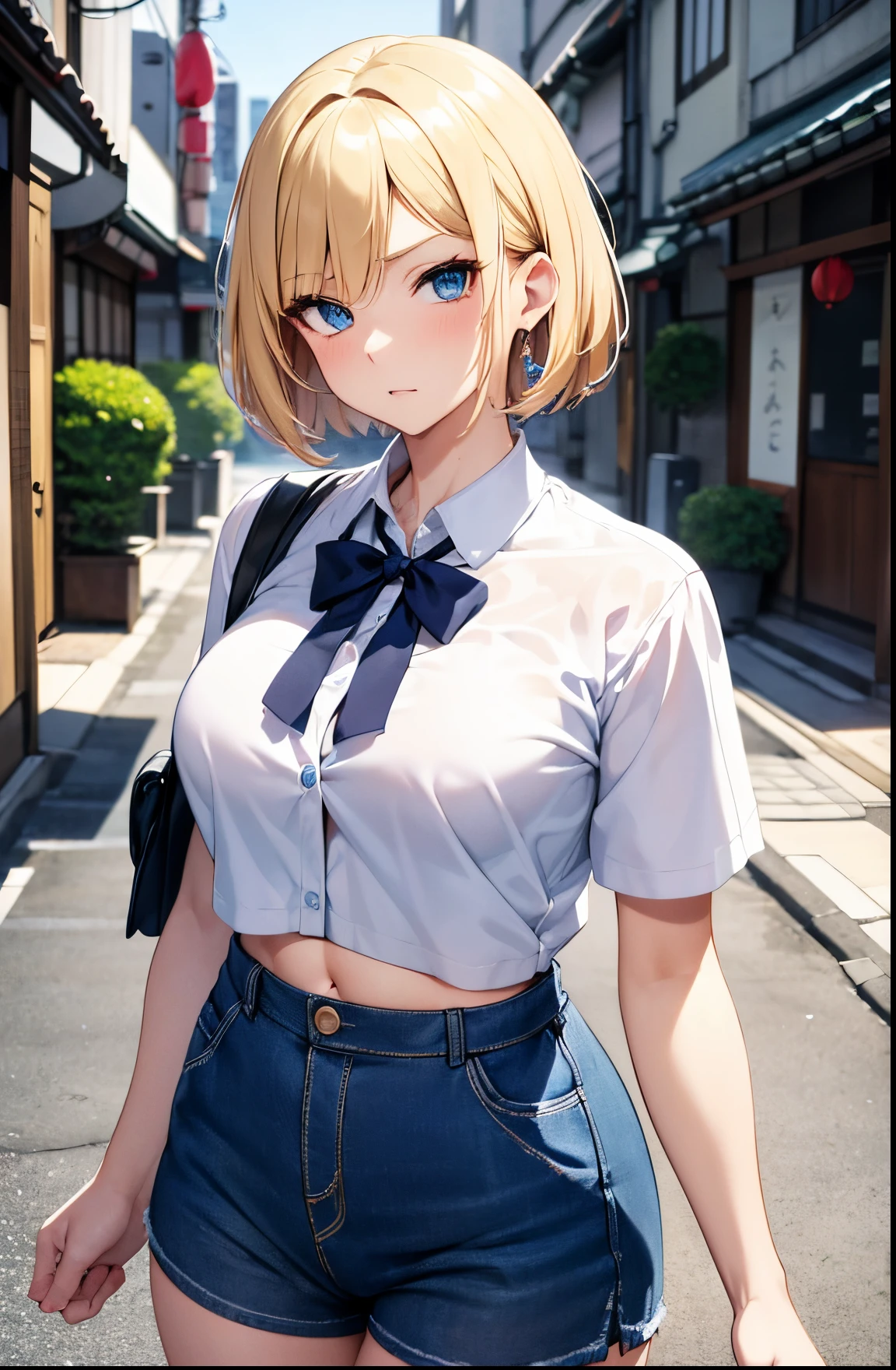 2D Anime Style、Blue eyes、Beautiful shining eyes, (Talented lo-fi:1.3),breasts are slightly larger、A cool adult woman with short blonde hair and a serious expression....、Fashion that shows off your stomach, Wears a white shirt,walking through the streets of japan,