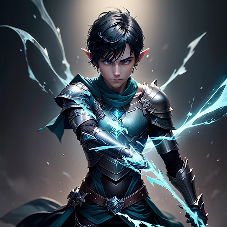 Male teen warrior, elf ears, short black hair, green eyes, wearing pale blue mint tunic, with silver armor plated on shoulders and forearms, dark blue scarf that's flows upward and turns into water, very dark blue pants, very dark blue sleeves, silver armored boots, left arm holding a silver dagger with glowing blue sharp edge, right arm casting magic water