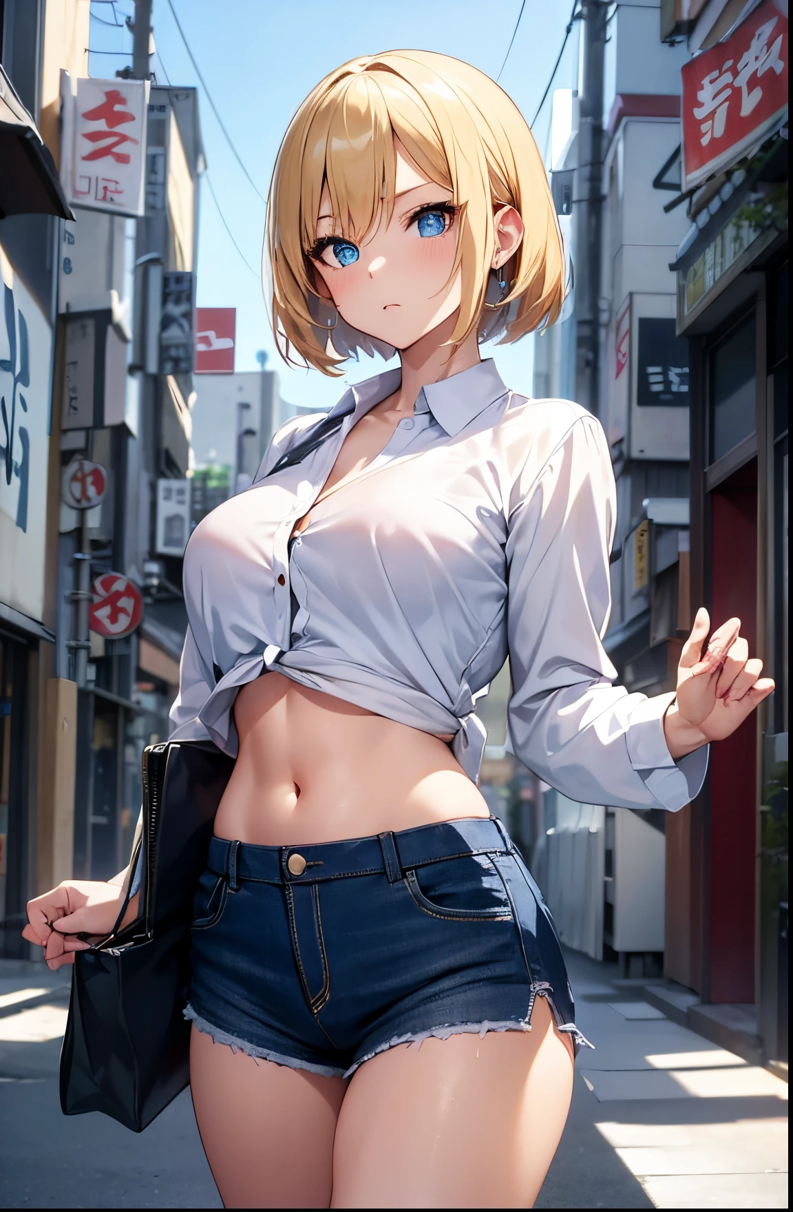 2D Anime Style、Blue eyes、Beautiful shining eyes,  (Talented lo-fi:1.3),breasts are slightly larger、high and beautiful nose,Beautiful face with slender contours,A cool adult woman with short blonde hair and a sharp expression..........、Fashion that shows off your stomach, He is wearing an unbuttoned white shirt and leather shorts.,walking down the streets of america,