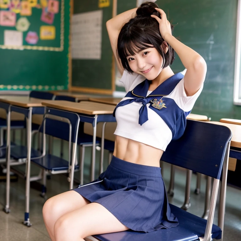 ((female high-school student))、Around 21 years old、a smile、A face that Japanese people like、美丽的面容、((Dark blue school uniform))、((Navy blue skirt))、Modest breasts、short-cut、(( Bobkat Hair) )、Brown hair、black eyes、(((school classrooms)))、realisitic、((Erotic))、(((It's burning)))、(Sweating a little)、(Sitting in a chair)、A little mature、(((Split abdominal muscles)))、(Angle from the side)