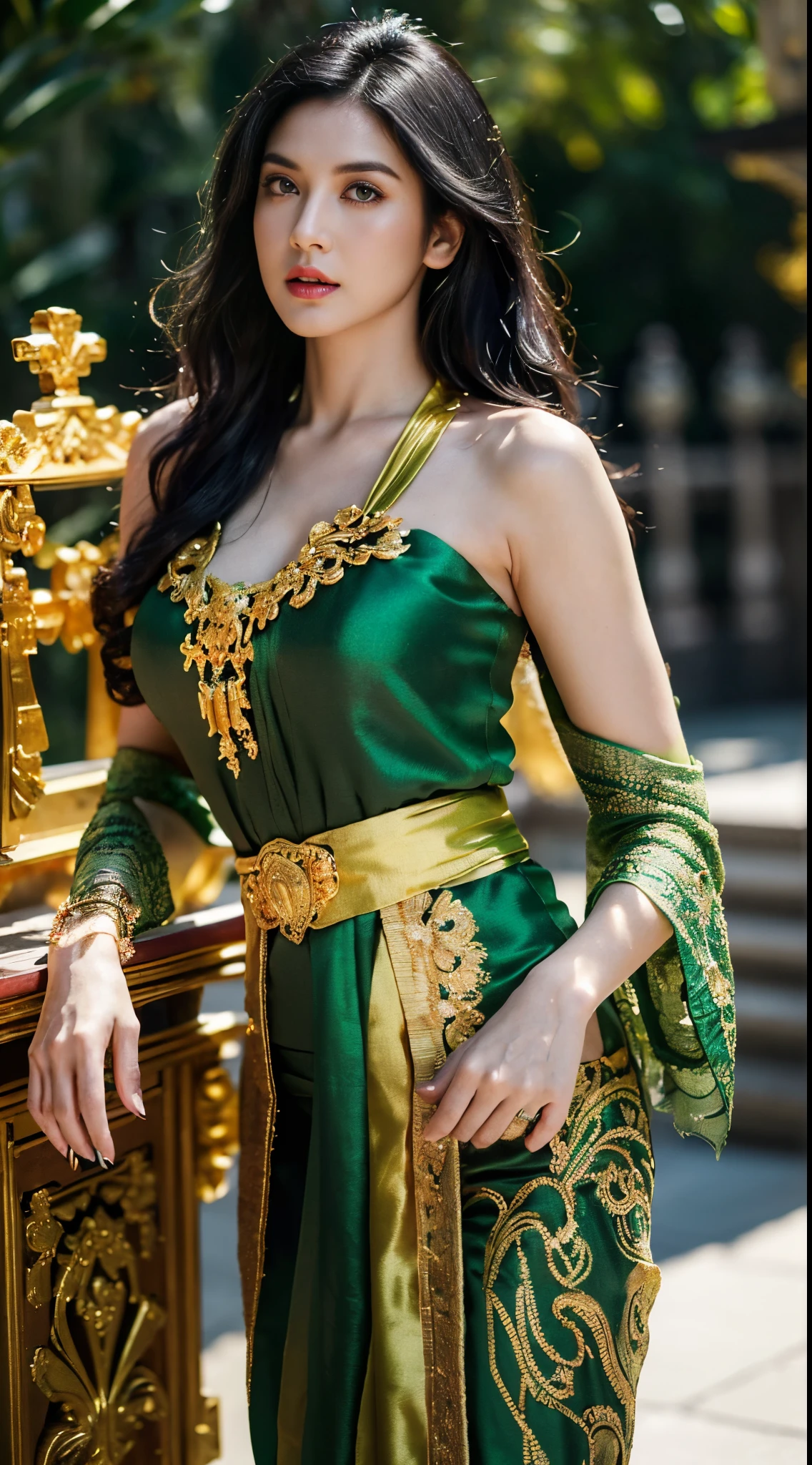 Photorealistic Production, (One Person), (Realistic Image of a 25 Years Old British Female Model), (Shoulder-level Wavy Black Hair:1.6), (Athletic Body Builds:1.4), (Pale Skin:1.4), (Wearing a Green Ornated Kebaya Dress with Silk Cloth and Golden Jeweleries:1.6), (Serious Face), (Deep Cleavage), (Elegant Pose:1.6), Centered, (Waist-up Shot:1.4), From Front Shot, Insane Details, Intricate Face Detail, Intricate Hand Details, Cinematic Shot and Lighting, Realistic Colors, Masterpiece, Sharp Focus, Ultra Detailed, Taken with DSLR camera, Realistic Photography, Depth of Field, Incredibly Realistic Environment and Scene, Master Composition and Cinematography,castlevania style