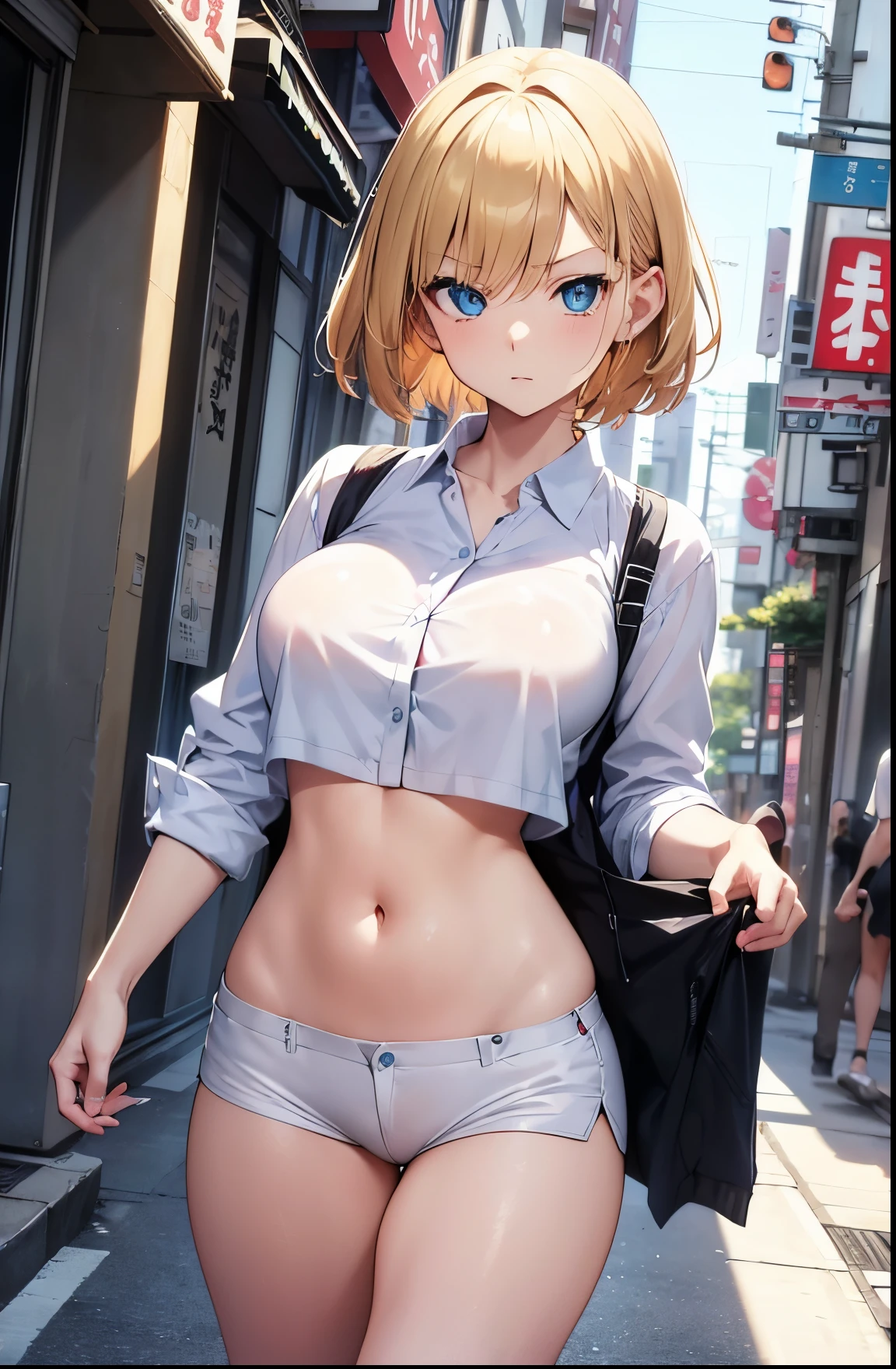 2D Anime Style、Blue eyes、Beautiful shining eyes, (Talented lo-fi:1.3),breasts are slightly larger、A cool adult woman with short blonde hair and a serious expression....、Fashion that shows off your stomach, Wearing a white shirt with open fronts,walking through the streets of japan,