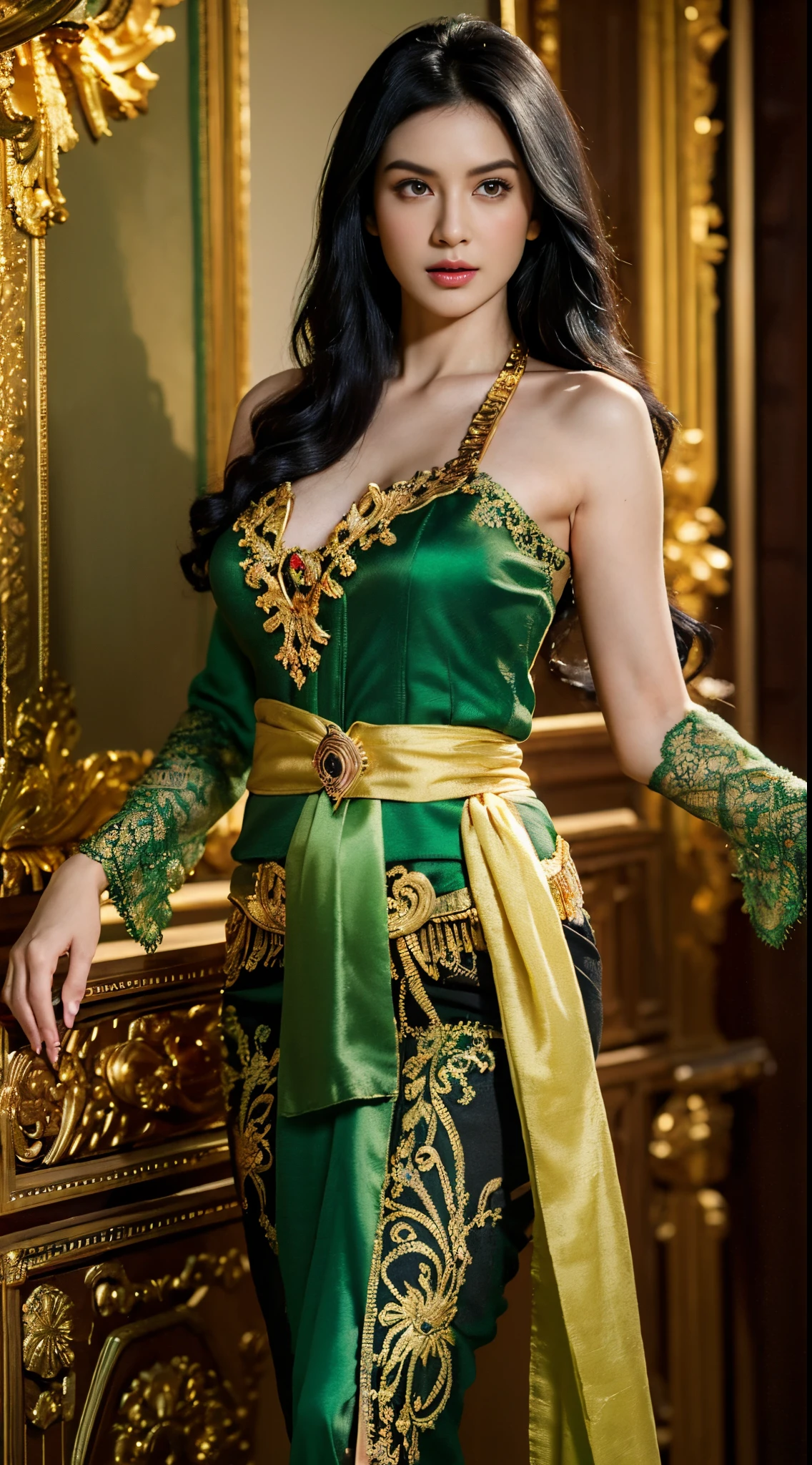 Photorealistic Production, (One Person), (Realistic Image of a 25 Years Old British Female Model), (Shoulder-level Wavy Black Hair:1.6), (Athletic Body Builds:1.4), (Pale Skin:1.4), (Wearing a Green Ornated Kebaya Dress with Silk Cloth and Golden Jeweleries:1.6), (Serious Face), (Deep Cleavage), (Elegant Pose:1.6), Centered, (Waist-up Shot:1.4), From Front Shot, Insane Details, Intricate Face Detail, Intricate Hand Details, Cinematic Shot and Lighting, Realistic Colors, Masterpiece, Sharp Focus, Ultra Detailed, Taken with DSLR camera, Realistic Photography, Depth of Field, Incredibly Realistic Environment and Scene, Master Composition and Cinematography,castlevania style