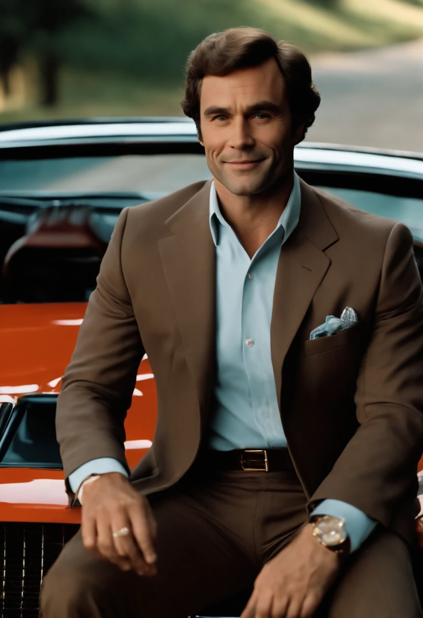 A photo of Ted in a sharp suit, holding a glass of whiskey with a smug smile, standing next to a luxurious sports car.,real life,Ted Bundy, 1970s aesthetic, male