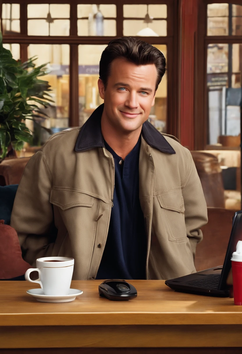 A photo of Chandler at Central Perk, surrounded by coffee cups and a laptop,Friends TV Show,Chandler Bing, a character from the popular TV sitcom “Friends,” has a lean build and a boyish appearance, often characterized by his short, neatly styled hair and a sarcastic smile. His fashion is typically casual and unassuming, reflecting his laid-back and somewhat self-deprecating personality. , male