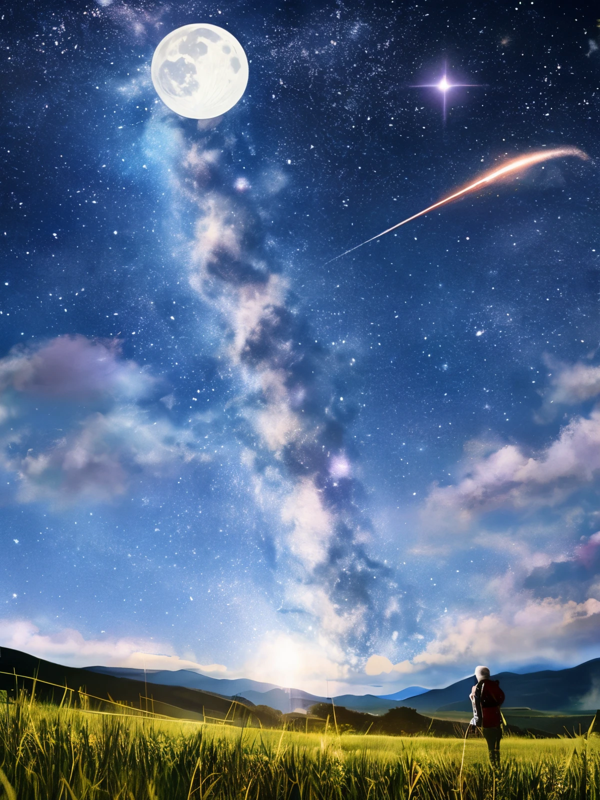 Star-filled sky、fullmoon、Blue space、grass field、Meteor swarm、Shines、optic