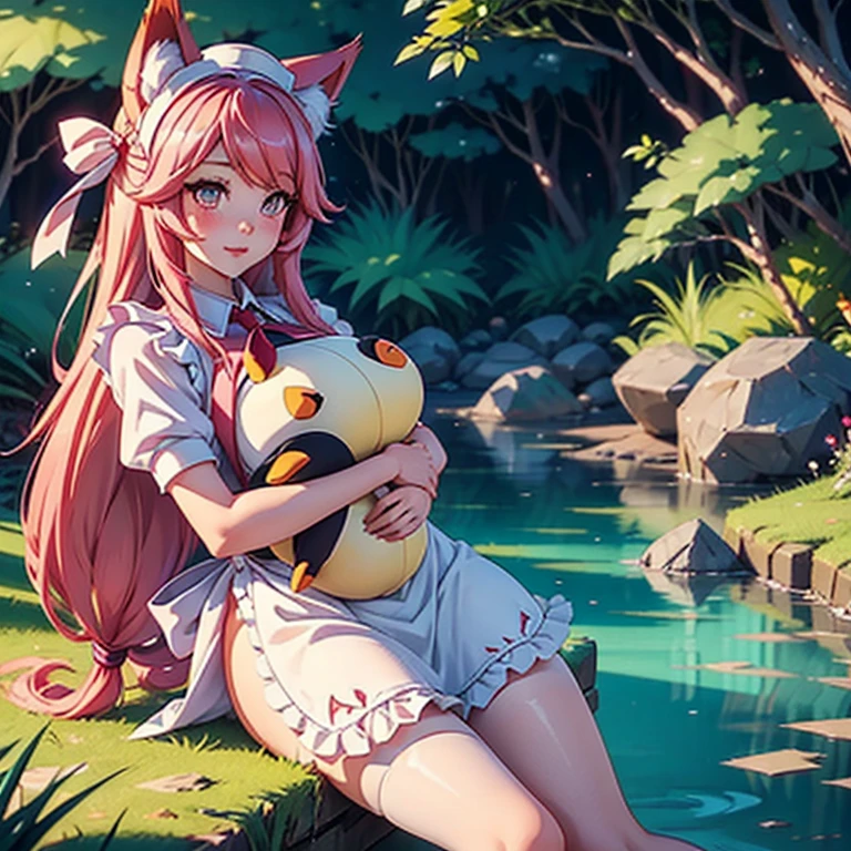Ahri hugs a stuffed penguin ,LoL, League of legends ,Adult woman, , maid hat, maid apron, Fox tails, Fox ears, Pale skin tone, Clivage, alluring look, blushing, somewhere in nature, outside
