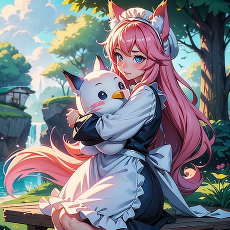 Ahri hugs a stuffed penguin ,LoL, League of legends ,Adult woman, , maid hat, maid apron, Fox tails, Fox ears, Pale skin tone, Clivage, alluring look, blushing, somewhere in nature, outside