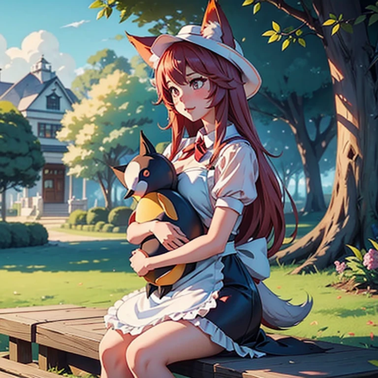 Ahri hugs a stuffed penguin ,LoL, League of legends ,Adult woman, , maid hat, maid apron, Fox tails, Fox ears, Pale skin tone, Clivage, alluring look, blushing, somewhere in nature, outside