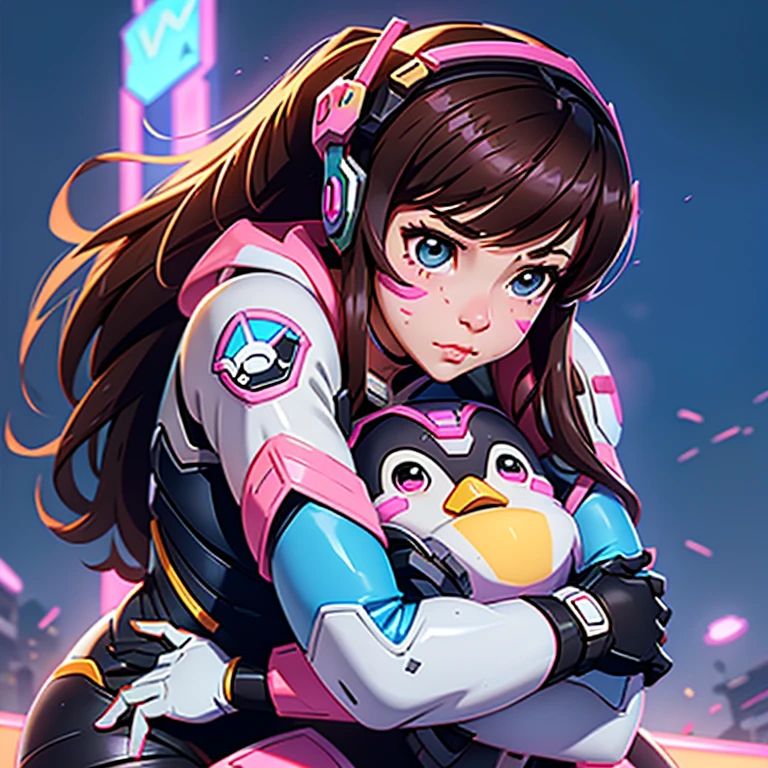 1girl, D.va (Overwatch) , Adult woman, Overwatch Character , hugging a Black and White stuffed penguin, blue bodysuit, pilot suit, MEKA Pattern, Pink Facial marks (D.va overwatch) , somewhere in nature, outside