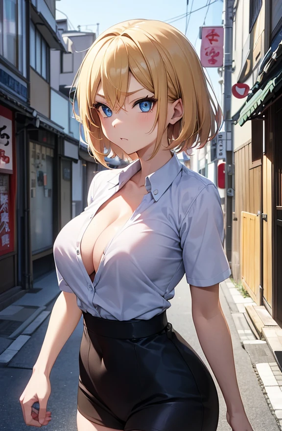 2D Anime Style、Blue eyes、Beautiful shining eyes, (Talented lo-fi:1.3),breasts are slightly larger、A cool adult woman with short blonde hair and a serious expression....、Fashion that shows off your stomach, wearing an unbuttoned black shirt,walking through the streets of japan,