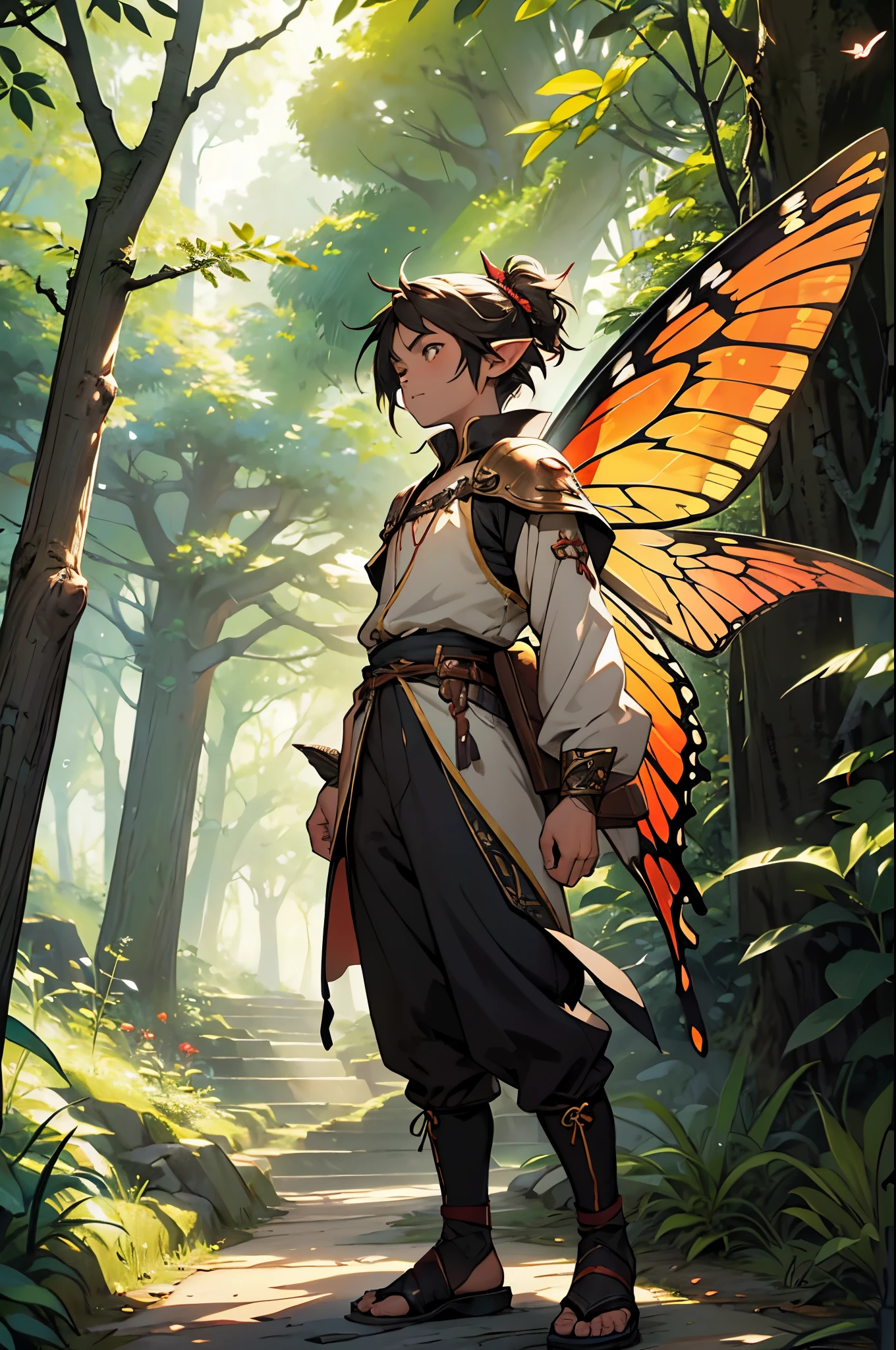 独奏, ember, humanoid, faeries look like Little Elves with Insect Wings, Flying on the wings of a butterfly, butterfly wings, in full height, Flies, faery, Little, Flies, Medieval Pathfinder Outfit, Pathfinder's Outfit ,Butterfly wings grow out of the back, chaotic–neutral, Male gender, D&D.