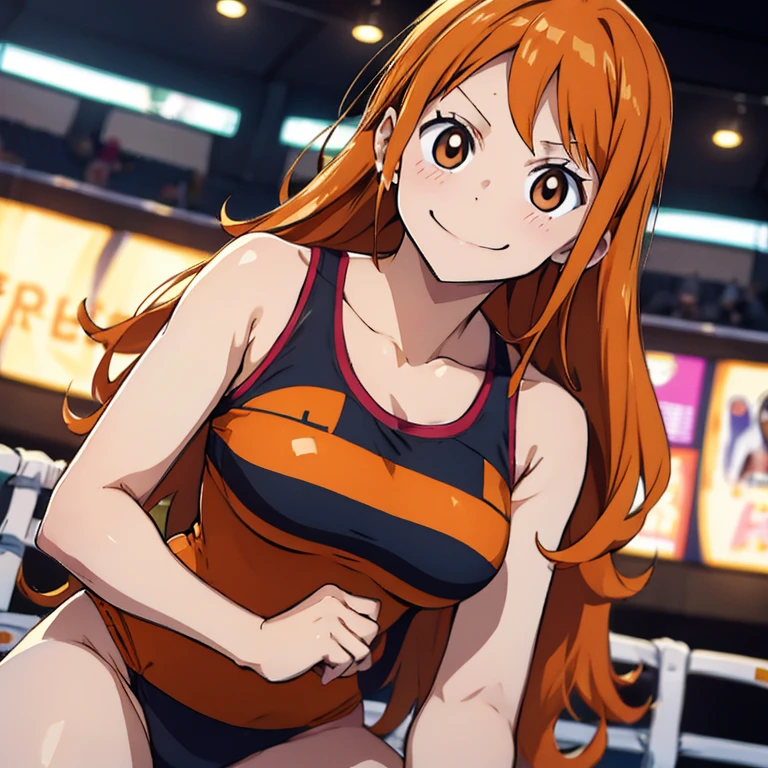 A cute tall girl with long orange hair, Brown eyes, a funny smirk, she's wearing a wrestling suite