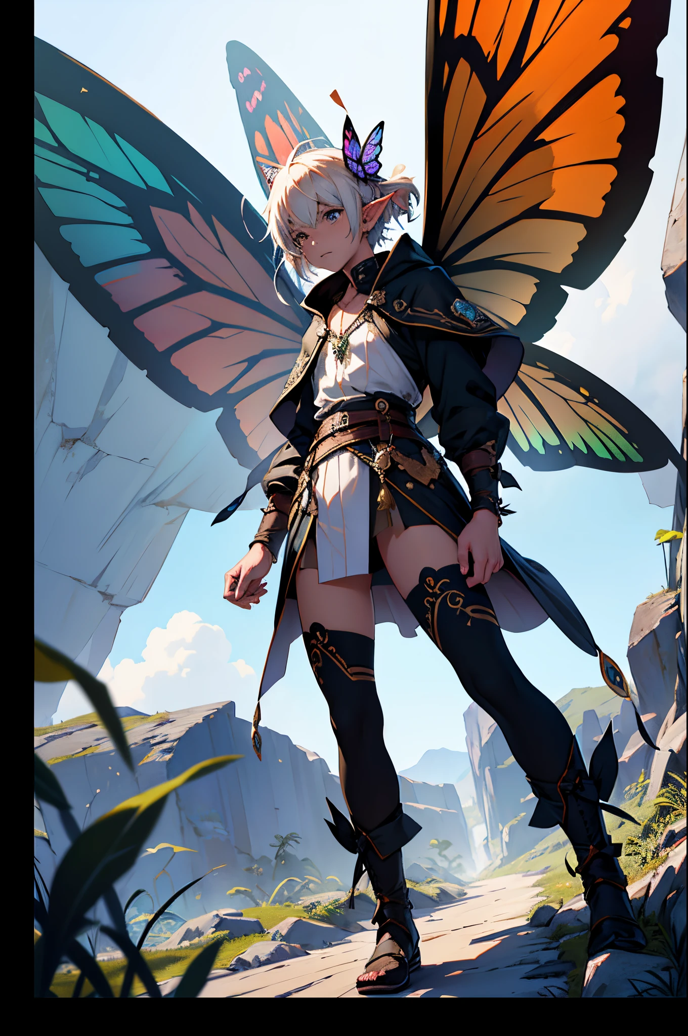beste-Qualit, tmasterpiece, extra high resolution, Detailed background, realisti, 独奏, ember, humanoid, faeries look like Little Elves with Insect Wings, Flying on the wings of a butterfly, butterfly wings, in full height, Flies, faery, Little, Flies, Medieval Pathfinder Outfit, Pathfinder's Outfit ,Butterfly wings grow out of the back, chaotic–neutral, Male gender, Horror \(subject\),ダークファンタジー, Good Guy , Depth of field.