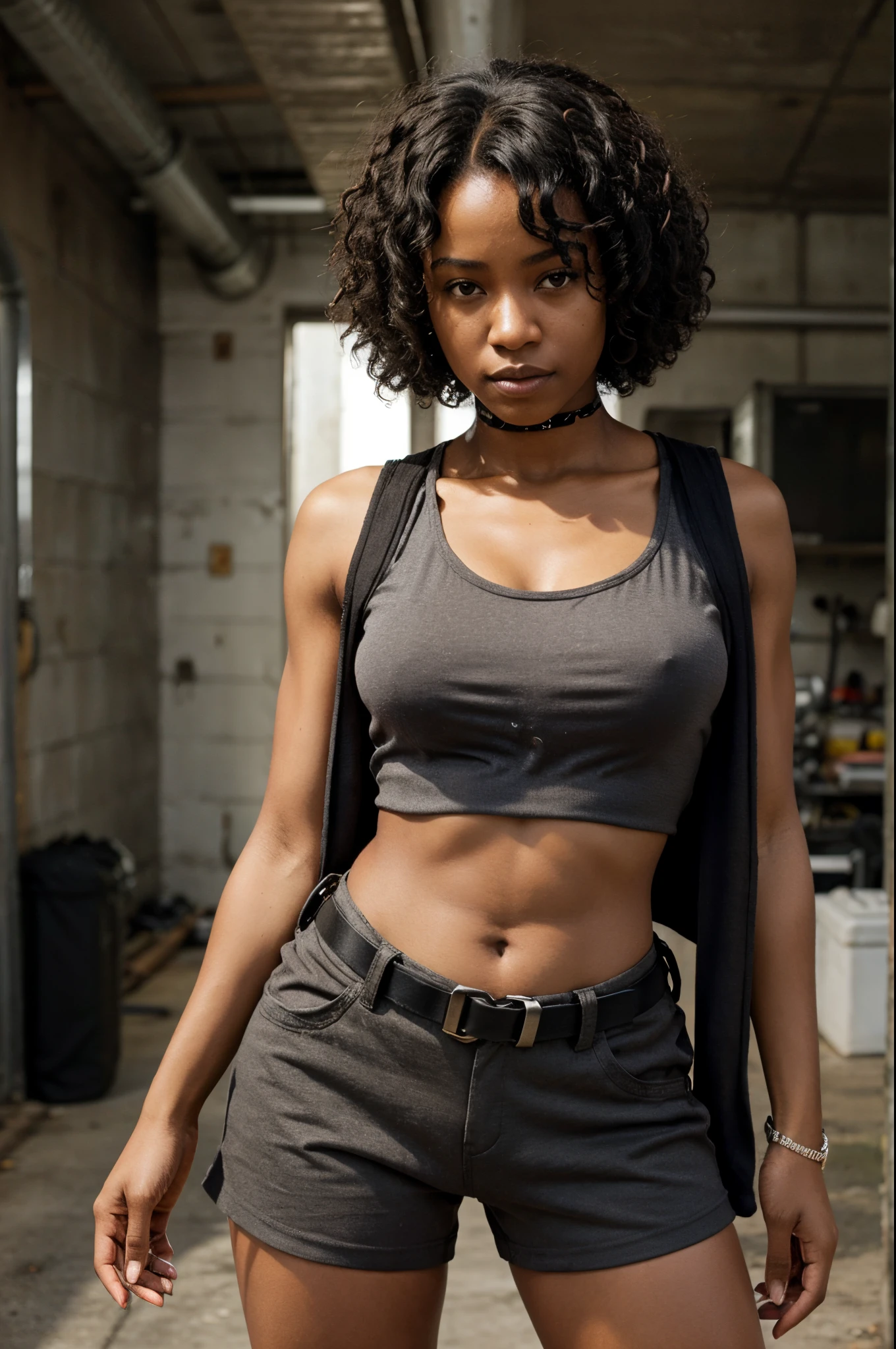 african american woman, afro curly hair, black hair, afro hair woman, wearing a gray tank top and black, the matrix style, tactical shoulder holster, 454 casull revolver