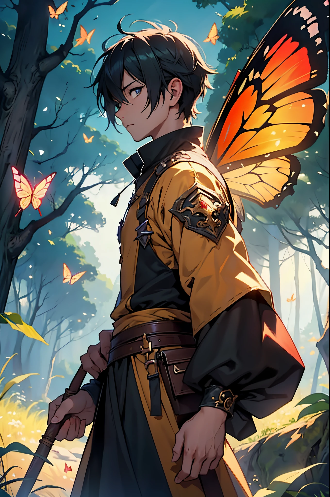 beste-Qualit, tmasterpiece, extra high resolution, Detailed background, realisti, 独奏, ember, humanoid, Fae, Flying on the wings of a butterfly, butterfly wings, in full height, Flies, faery, Little, Flies, Medieval Pathfinder Outfit, Pathfinder's Outfit ,Butterfly wings grow out of the back, chaotic–neutral, Male gender, Horror \(subject\),ダークファンタジー, Good Guy , Depth of field.