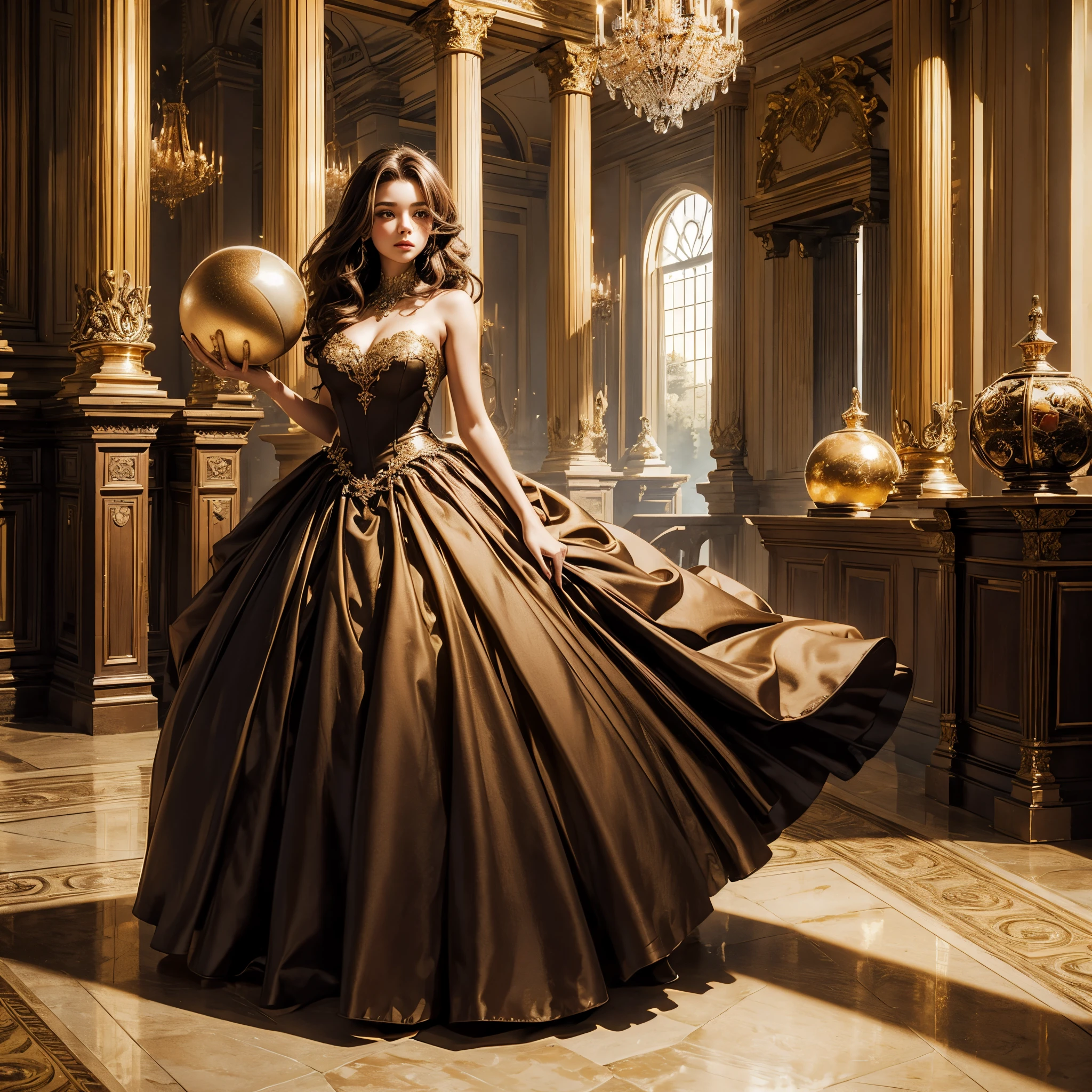 1 gorgeous , perfect body, gorgeous brown hair, wearing a ball gown with the lower half of the ball gown is big and wide and puffy, she is standing in a ballroom, whole body in view, the ball gown is golden with strapless shoulders,