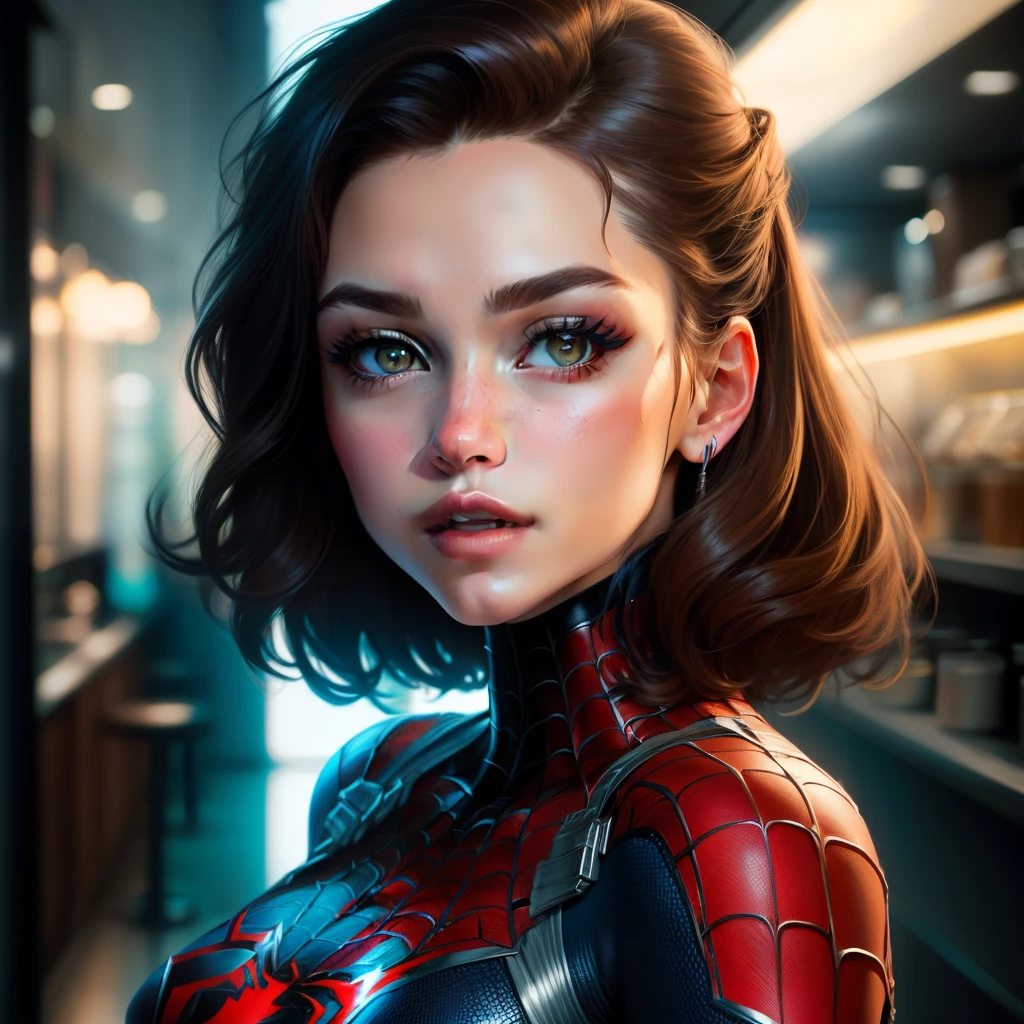 una chica con el traje de spiderman,dibujado en el estilo de los comics de marvel, cabello a la clavicula y en capas color cafe claro, ojos cafe claro color de piel blanca con labios poco gruesos y pechos muy grandes. Sin mascara, cara fina y hermosa.