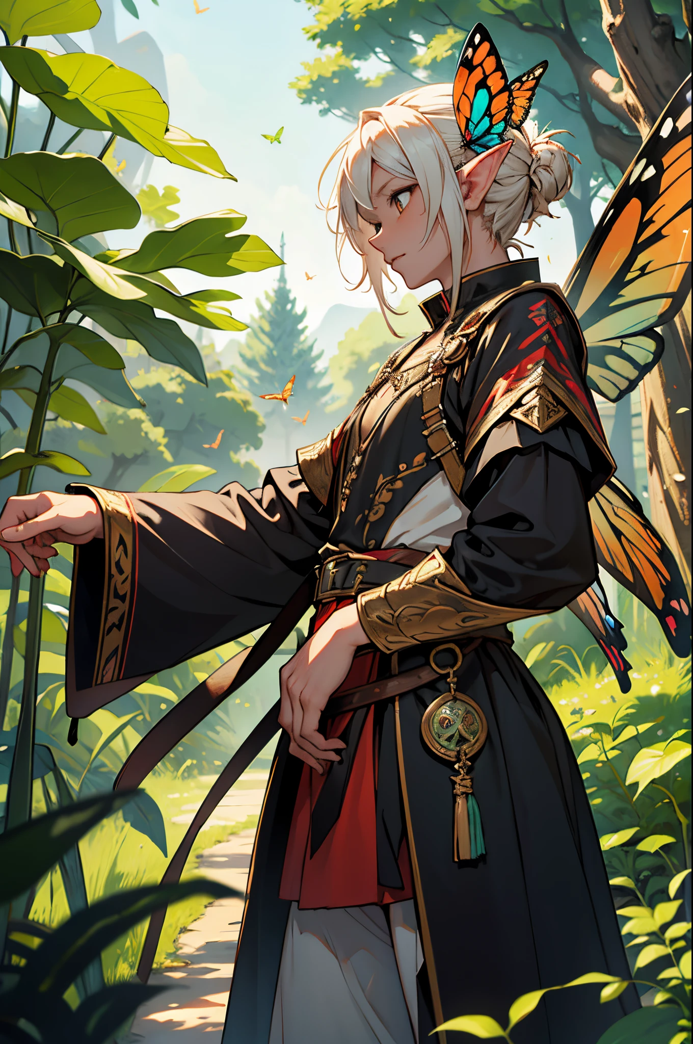 beste-Qualit, tmasterpiece, extra high resolution, Detailed background, realisti, 独奏, ember, humanoid, faeries look like Little Elves with Insect Wings, Flying on the wings of a butterfly, butterfly wings, in full height, Flies, faery, Little, Flies, Medieval Pathfinder Outfit, Pathfinder's Outfit ,Butterfly wings grow out of the back, chaotic–neutral, Male gender, Horror \(subject\),ダークファンタジー, Good Guy , Depth of field.