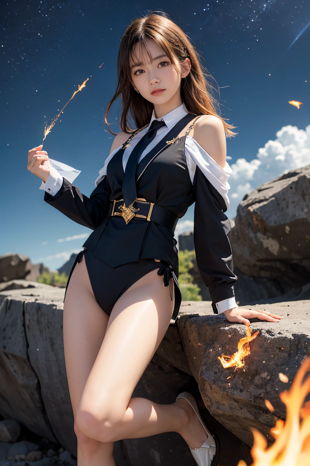 (masutepiece, Best Quality:1.2), 8K, Official art, Wearing a suit、Full body photo, full body Esbian、swim wears、 Beautiful barefoot woman with dark hair floating in the air, hold a flame in your right hand、in his left hand he holds a lightning bolt、23years old、Bright lava light rises above the broken Earth from beneath the asteroid belt(Jagged rock rocks and fragments shot into the air:1.3) (Storm of windy dust debris:1.1) Volume fogmist by trace Z、It can allow bright light from below to pass through、 (masterpiece) (top-quality) (detaileds) (8K) (电影灯光) (foco nítido) (Convoluted)A dark-haired、years、small tits、A delightful、A smile、unbelievable Ridiculous, (Beautiful girl with upper body, Pretty Face, arching back down, Gold hair ornament on hair、Wearing a cute suit、close up, Wearing a suit, Short sleeve, gardenia, violaceaess, Teen, space system, Looking at Viewer, Film grain, chromatic abberation, Sharp Focus, face lights, Dynamic lighting, Cinematic lighting, Eyes and faces with detailed, Bokeh background, (Tie with Emma written on it、1 copy:1.2)