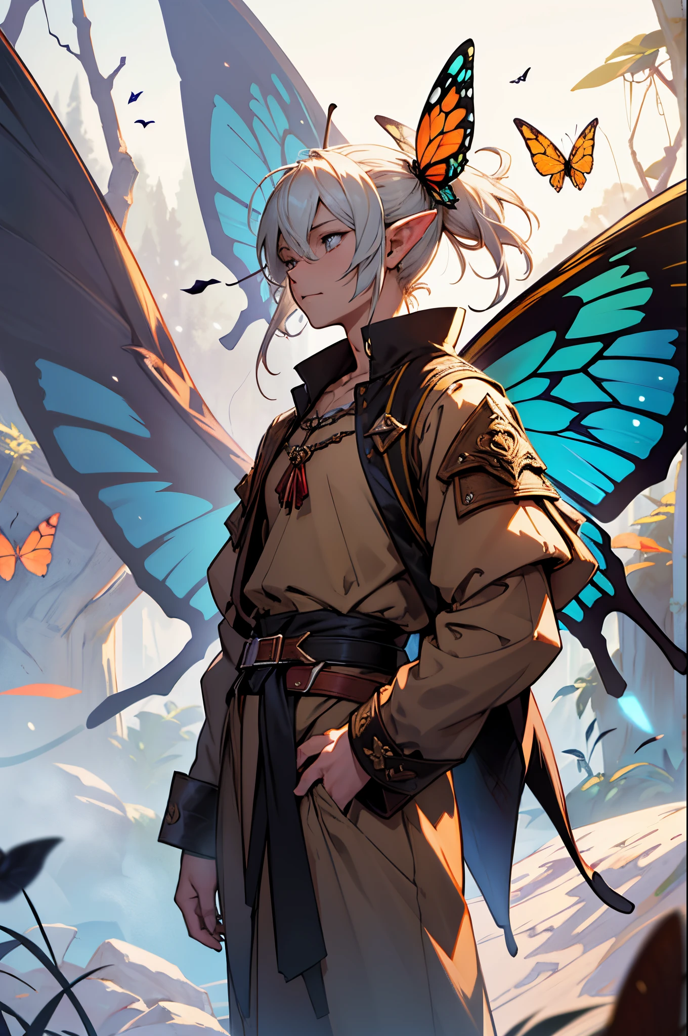 beste-Qualit, tmasterpiece, extra high resolution, Detailed background, realisti, 独奏, ember, humanoid, faeries look like Little Elves with Insect Wings, Flying on the wings of a butterfly, butterfly wings, in full height, Flies, faery, Little, Flies, Medieval Pathfinder Outfit, Pathfinder's Outfit ,Butterfly wings grow out of the back, chaotic–neutral, Male gender, Horror \(subject\),ダークファンタジー, Good Guy , Depth of field.
