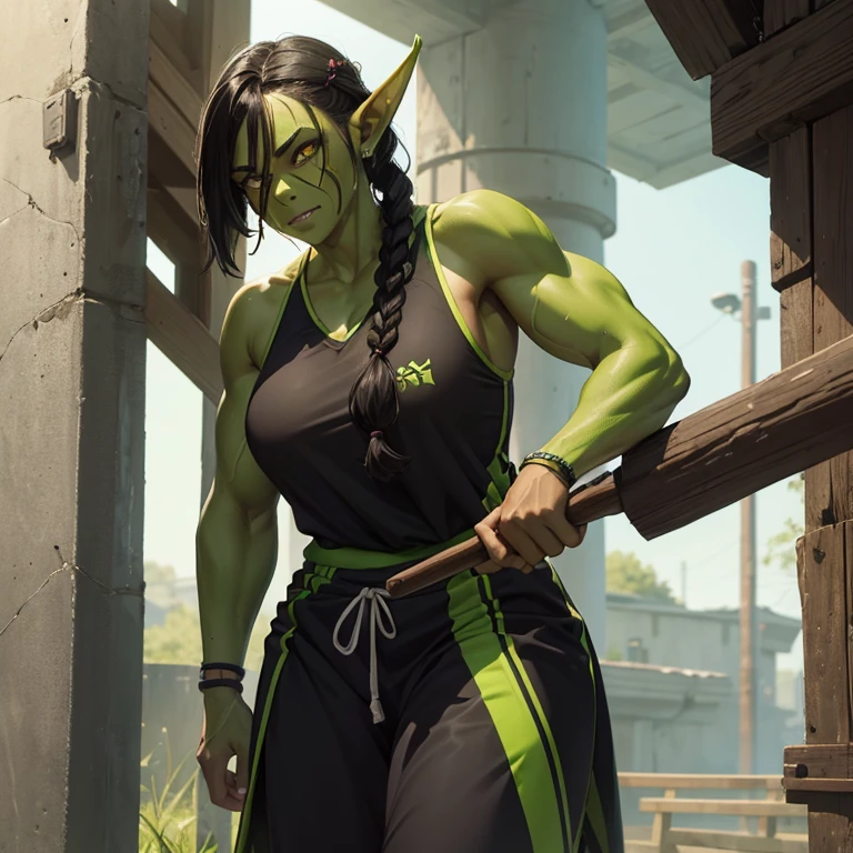 Female orc, black braided hair, green skin, lacrosse uniform, tall, muscular, sweaty