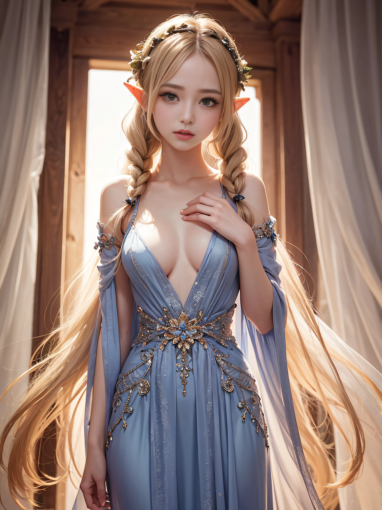 Graceful elven girl standing in meadow, Delicate face illuminated by the soft light of the setting sun. Her long, Flowing hair runs down your back, Decorated with intricate braids、Adorned with sparkling gemstones. This great photo is、、、It captures the ethereal beauty of elves. Slender figure in silk dress、Swaying in the soft steppe breeze. Attention to detail、Face that is、Face that is、Face that is、Face that is、It is evident in the intricate patterns of the dress and the subtle highlights of the luminescence. skin. The breathtaking portrayal of the elven girl is、、、、、Create an enchanting atmosphere、It invites the viewer to a magical world. transparent blonde hair,