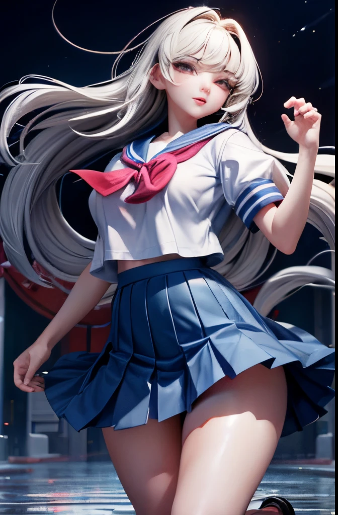 masutepiece、hiquality、offcial art、20yr old、Femera、Clean face、lightsmile、perfect beautiful body、(Sensual pose that emphasizes the chest)、huge tit、anatomical beautiful hands、anatomically beautiful legs、Wear a uniform、Japan school uniform、a sailor suit、Please wear a blue pleated skirt、(Shooting from bottom to top)、(dynamic ungle)、Cinematic lighting、The background is the street、perfect detail、elaborate production、(Fulll body Shot