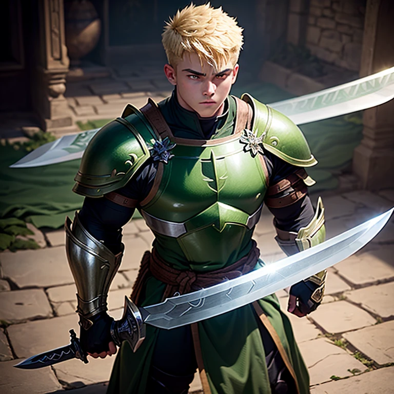 Very strong bulky teen warrior, wearing dark green tunic with some armor plates, blond hair with short taper haircut, gentle eyes, holding with one hand a giant wide long blade sword, using magic that creates plants from the floor